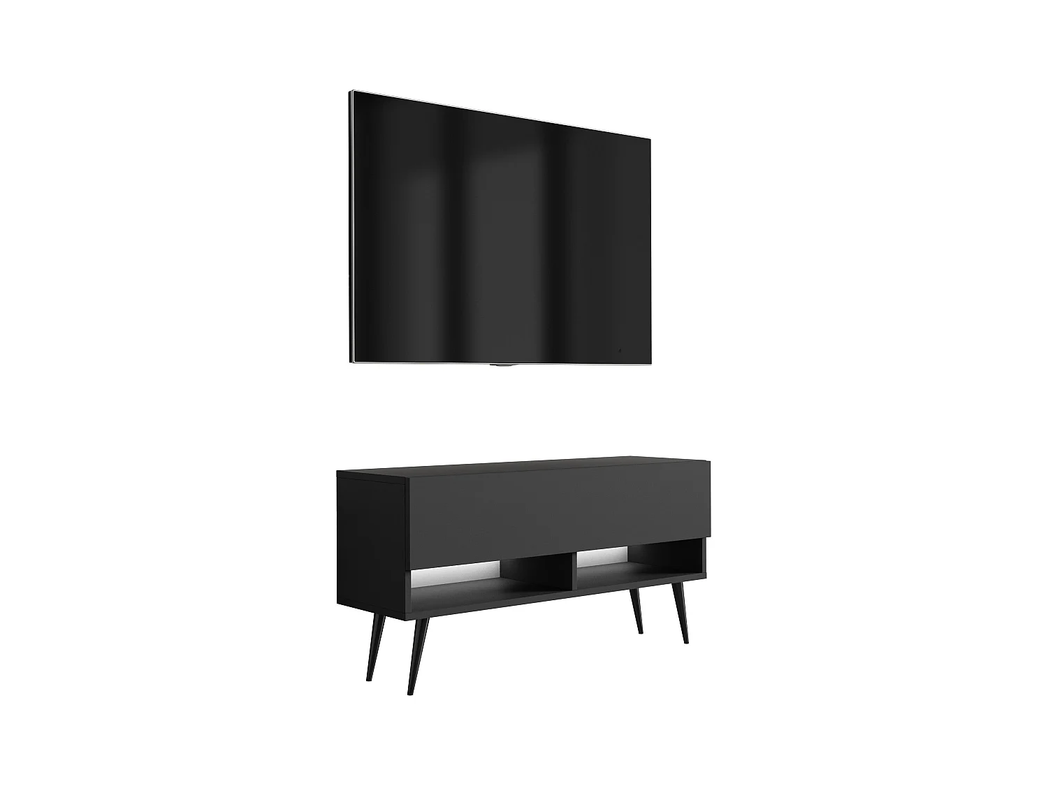 Meuble TV 100 cm Noir Mat, pieds obliques noirs, LED blanche, 100 x 32 x 52 cm