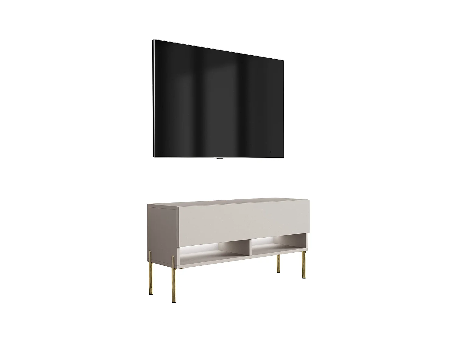 Meuble TV 100 cm Cachemire, pieds droits dorés, LED blanche, 100 x 32 x 52 cm