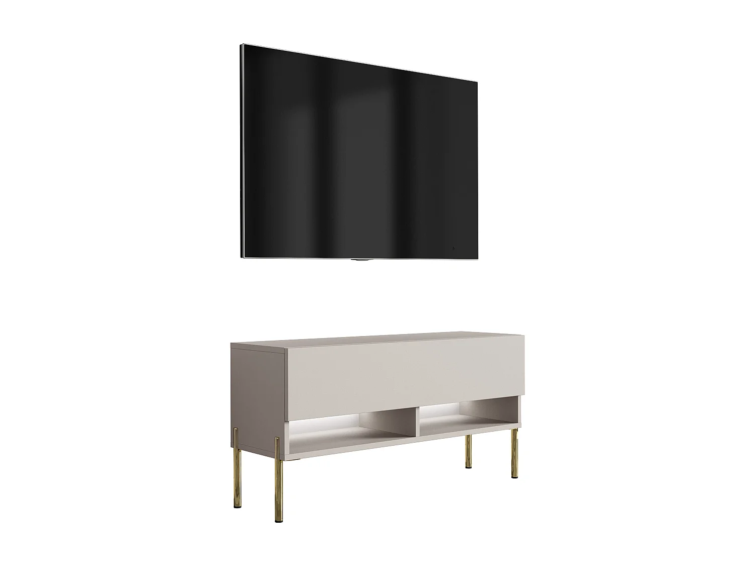 Meuble TV 100 cm Cachemire, pieds droits dorés, LED blanche, 100 x 32 x 52 cm