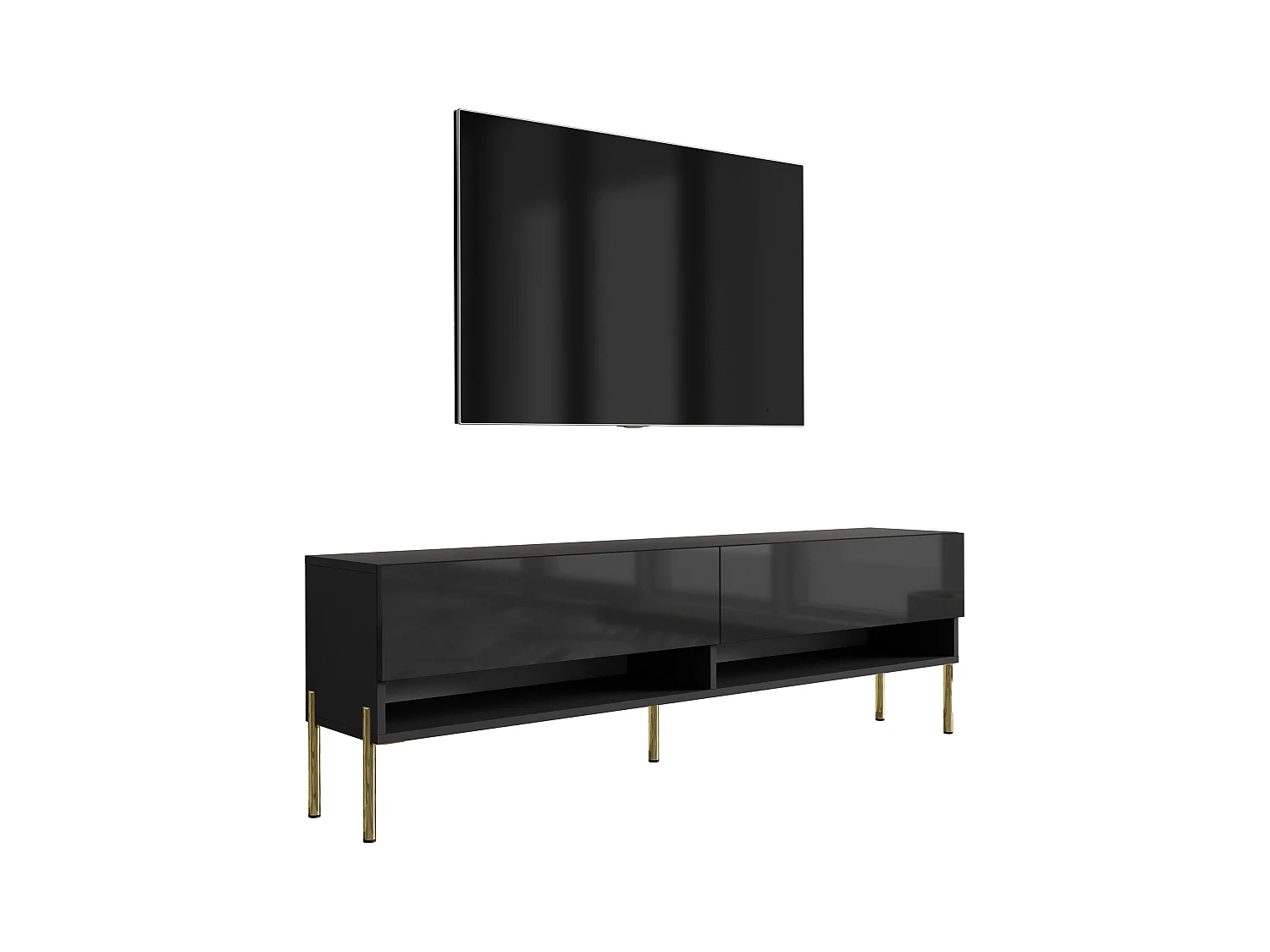 Meuble TV 170 cm Noir Mat / Noir Brillant, pieds droits dorés, 170 x 32 x 52 cm