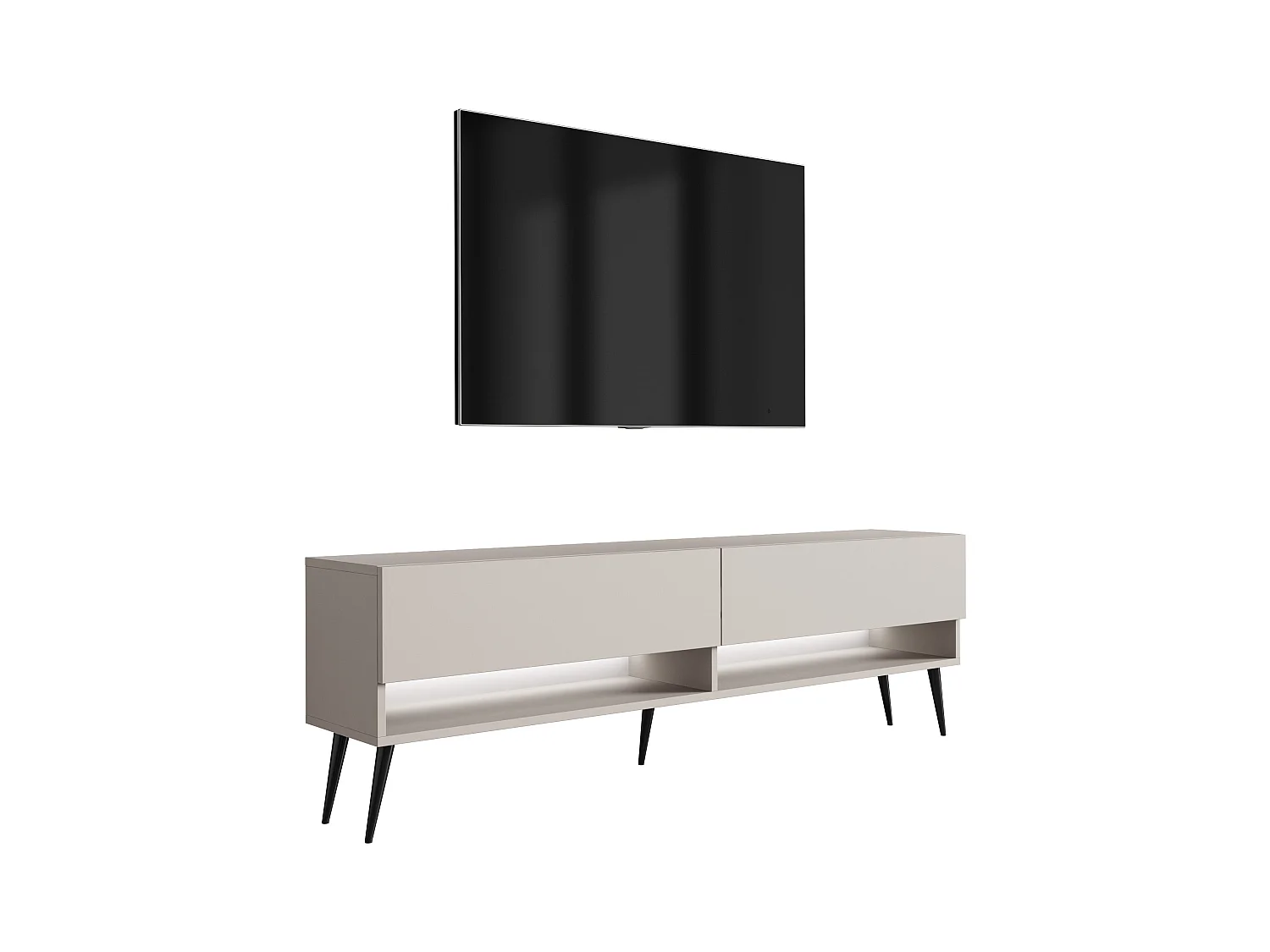 Meuble TV 170 cm Cachemire, pieds obliques noirs, LED blanche, 170 x 32 x 52 cm