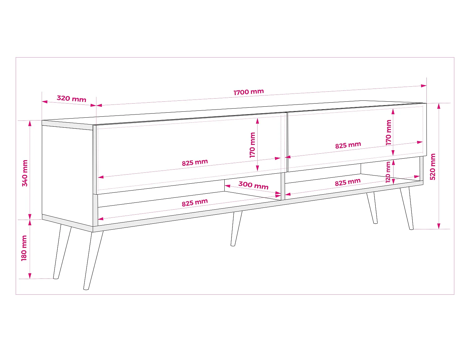 Meuble TV 170 cm Cachemire, pieds obliques noirs, LED blanche, 170 x 32 x 52 cm