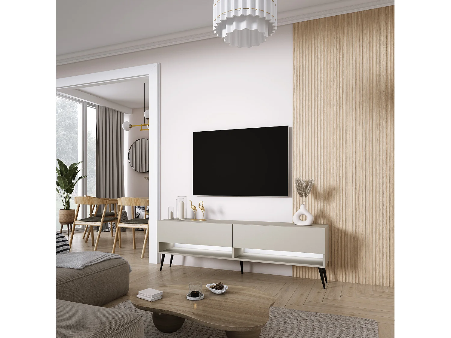 Meuble TV 170 cm Cachemire, pieds obliques noirs, LED blanche, 170 x 32 x 52 cm