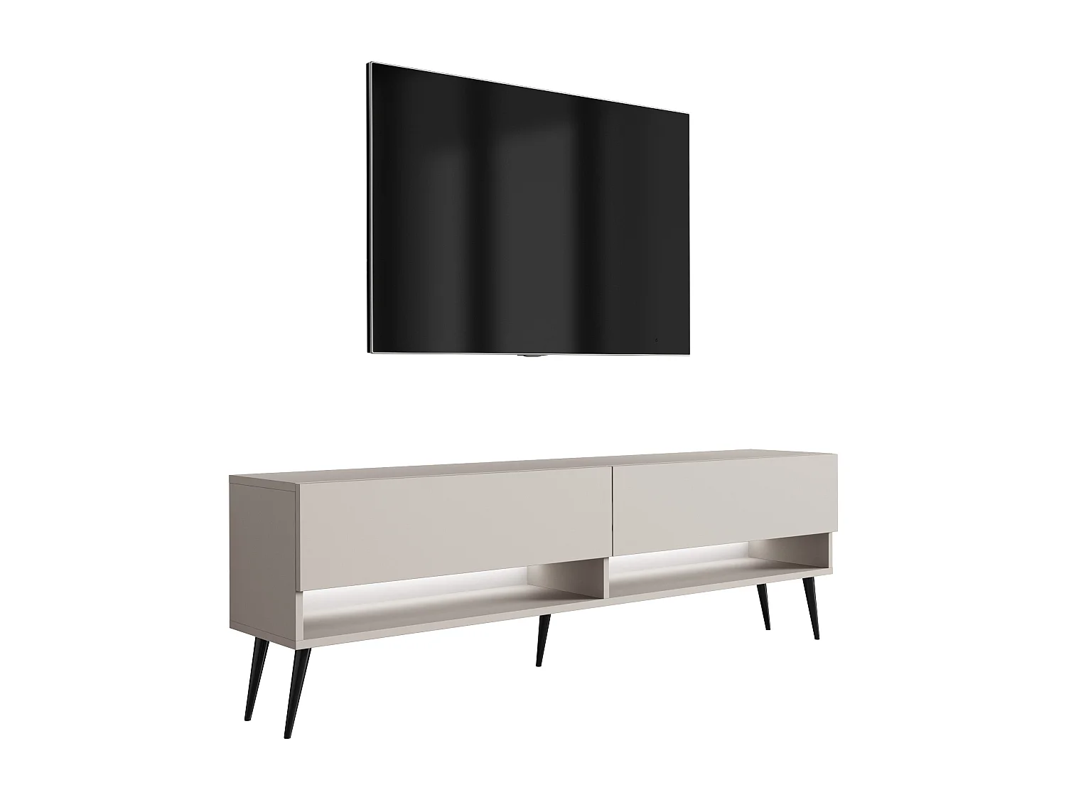 Meuble TV 170 cm Cachemire, pieds obliques noirs, LED blanche, 170 x 32 x 52 cm
