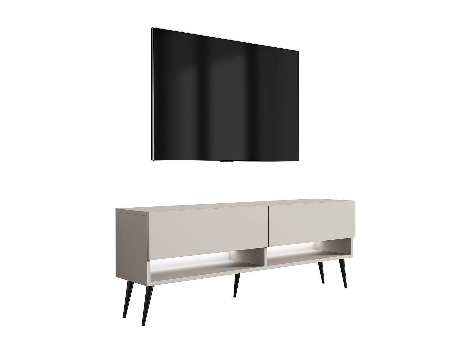 Meuble TV 140 cm Cachemire, pieds obliques noirs, LED blanche, 140 x 32 x 52 cm