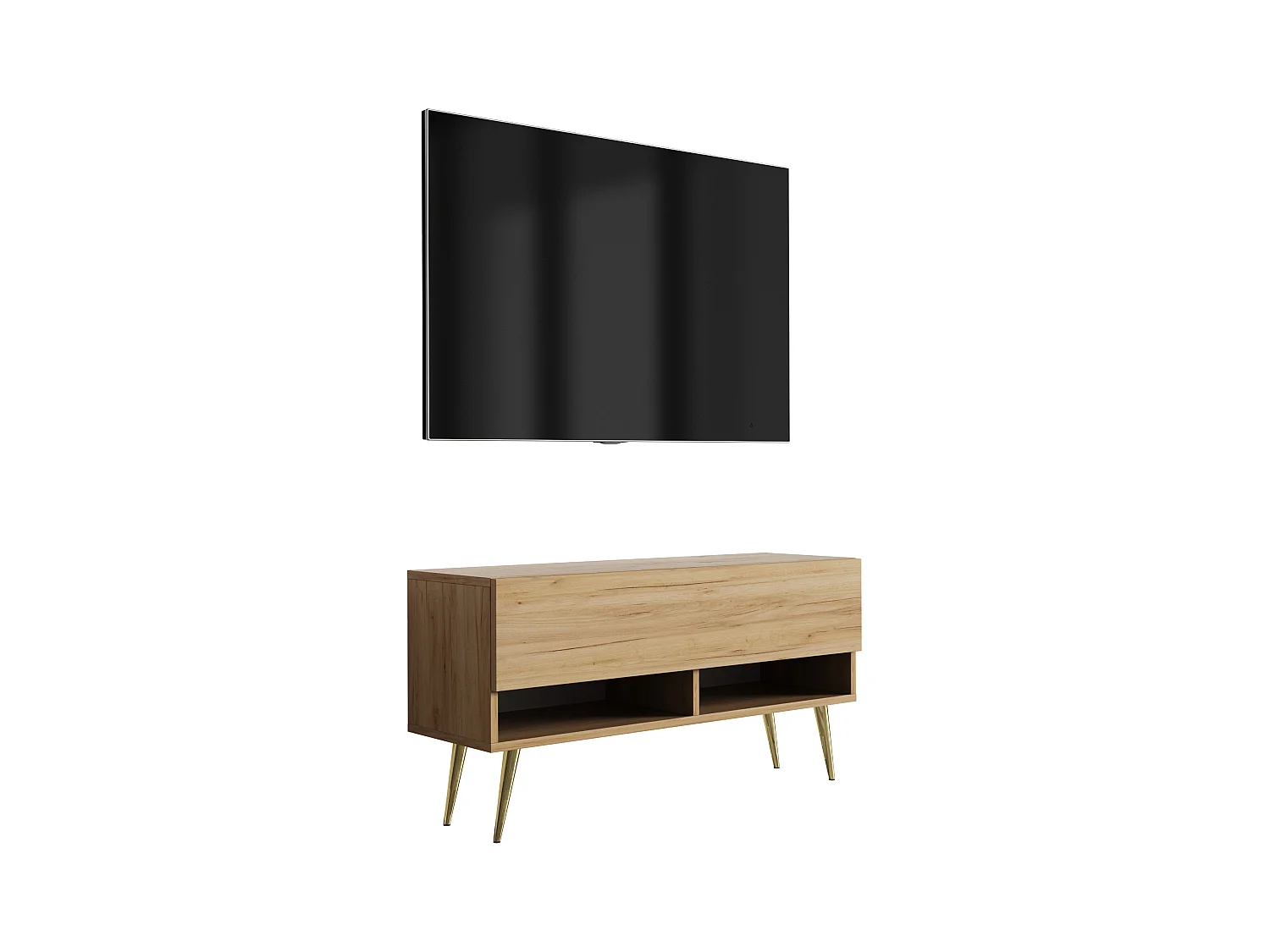 Meuble TV 100 cm Chêne Craft, pieds obliques dorés, 100 x 32 x 52 cm