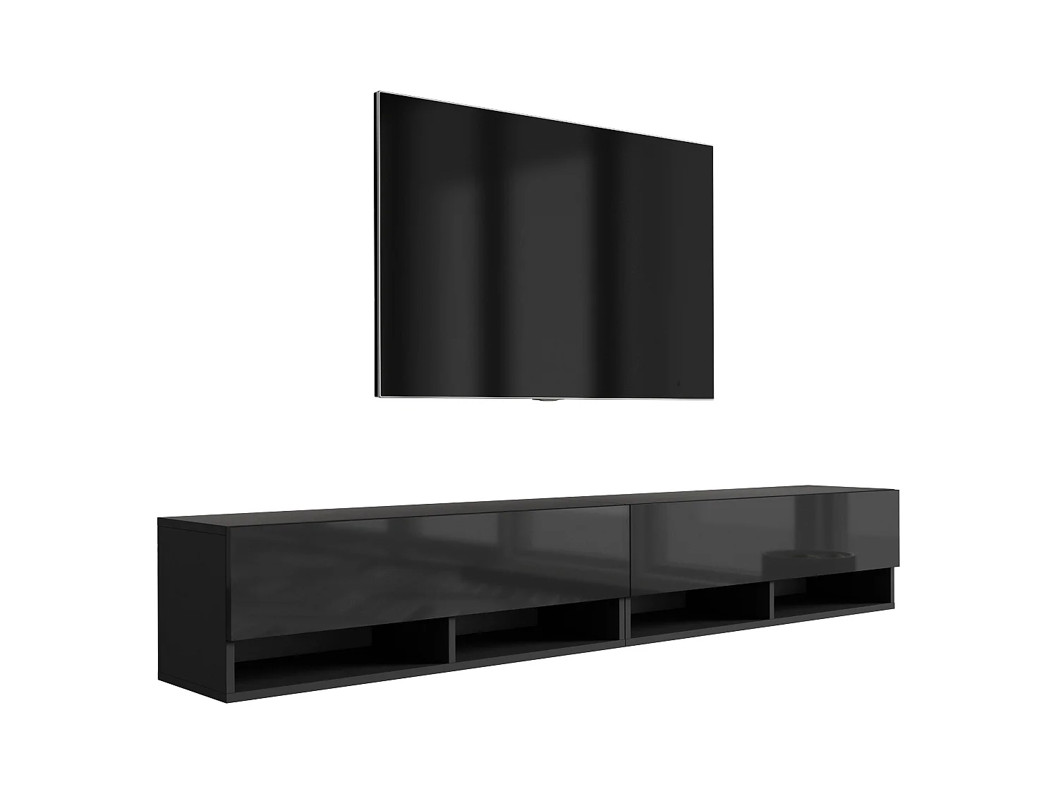 Meuble TV 200 (2 x 100) cm Noir Mat / Noir Brillant, 200 x 32 x 52 cm