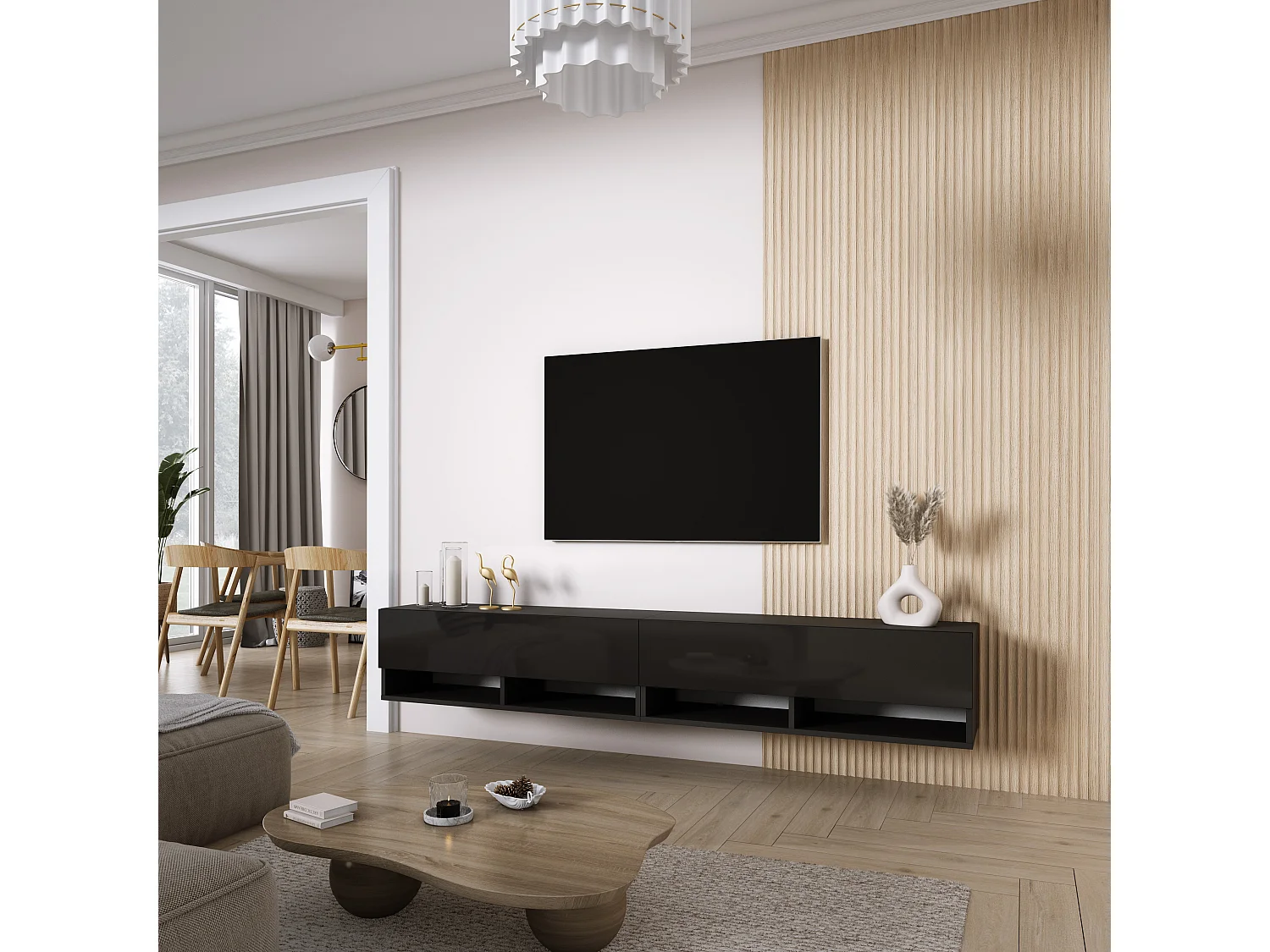 Meuble TV 200 (2 x 100) cm Noir Mat / Noir Brillant, 200 x 32 x 52 cm