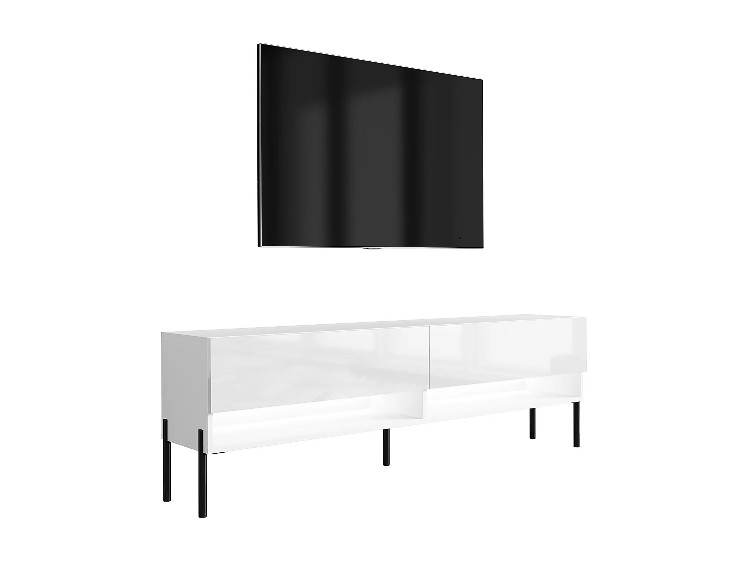 Meuble TV 170 cm Blanc Mat / Blanc Brillant, pieds droits noirs, LED blanche, 170 x 32 x 52 cm