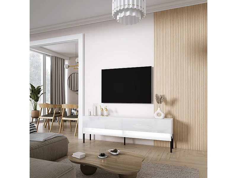 Meuble TV 170 cm Blanc Mat / Blanc Brillant, pieds droits noirs, LED blanche, 170 x 32 x 52 cm