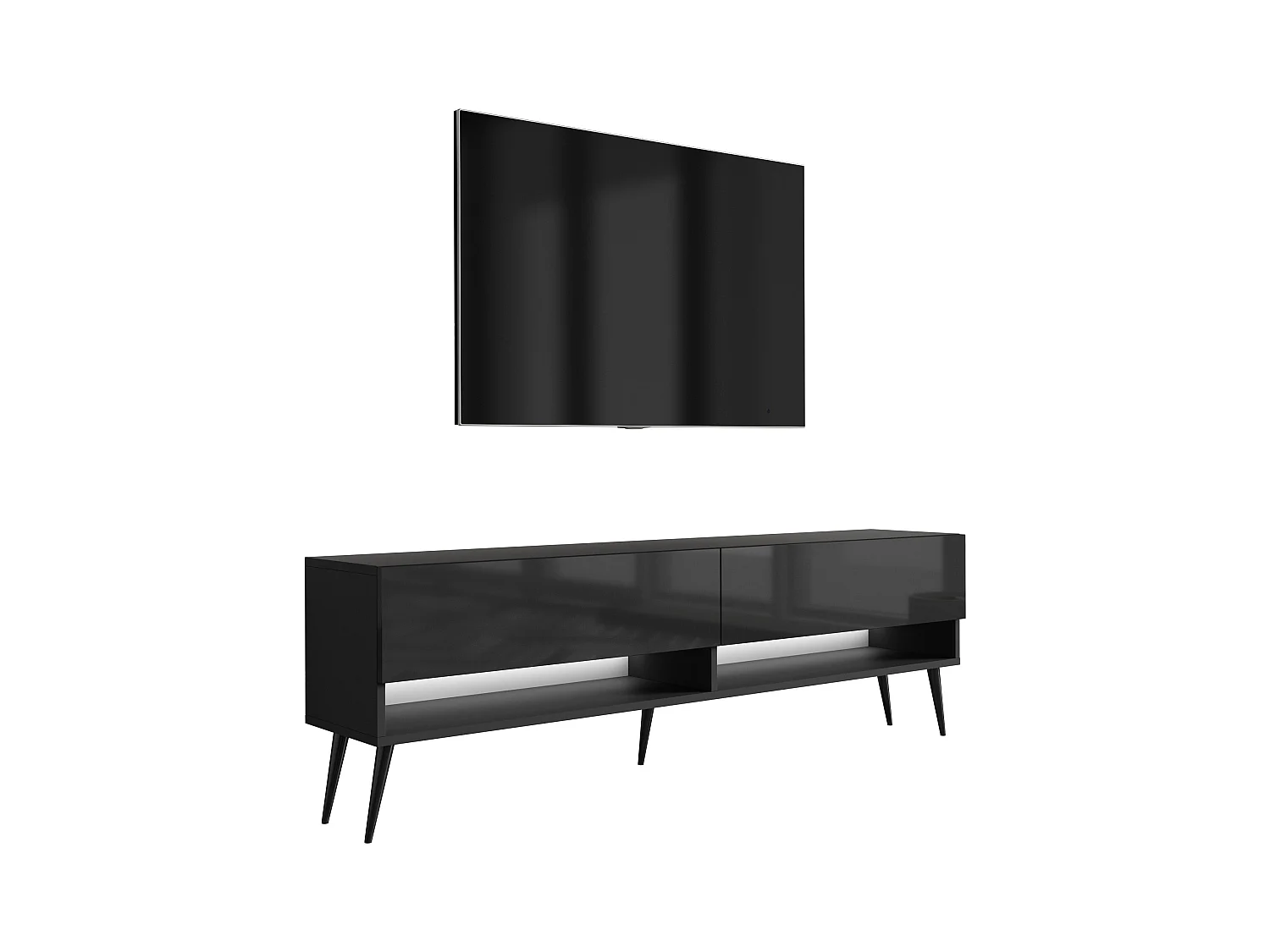 Meuble TV 170 cm Noir Mat / Noir Brillant, pieds obliques noirs, LED blanche, 170 x 32 x 52 cm