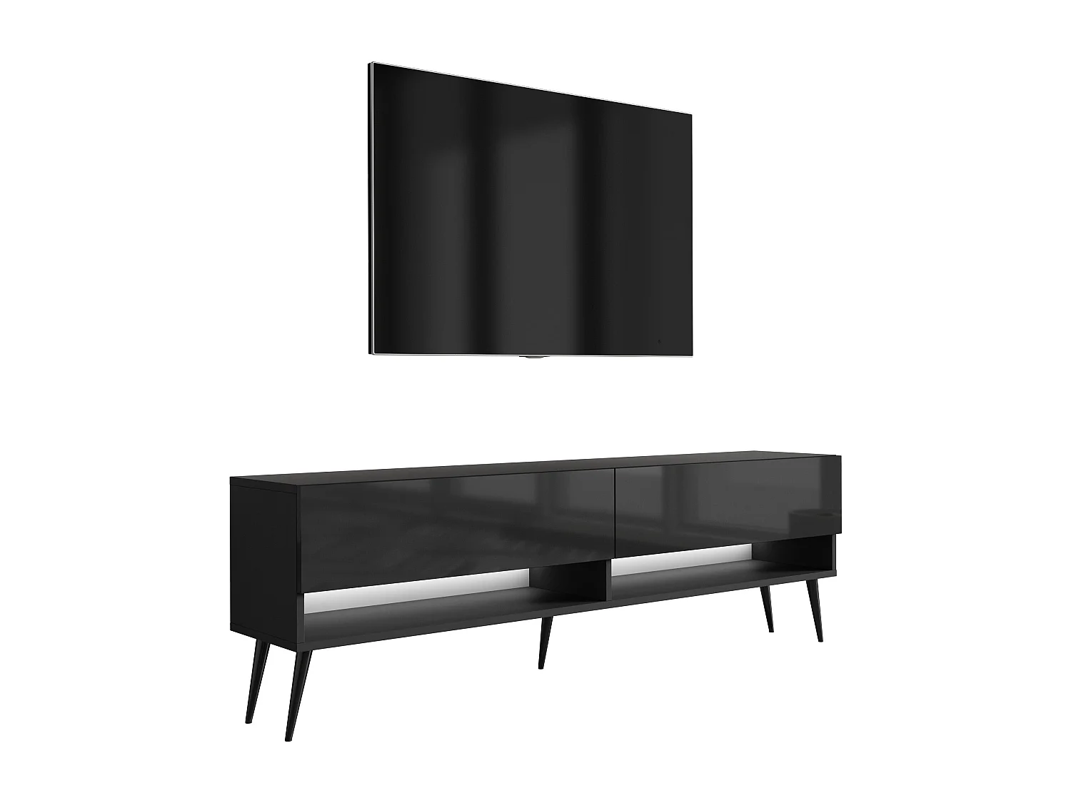Meuble TV 170 cm Noir Mat / Noir Brillant, pieds obliques noirs, LED blanche, 170 x 32 x 52 cm