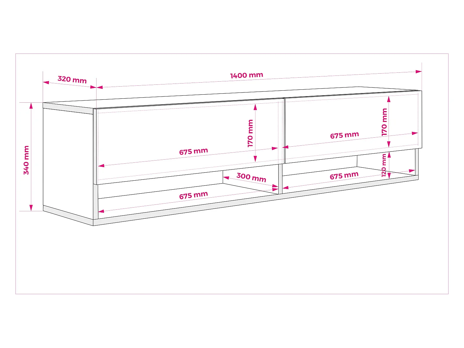 Meuble TV 140 cm Noir Mat, LED blanc, 140 x 32 x 34 cm