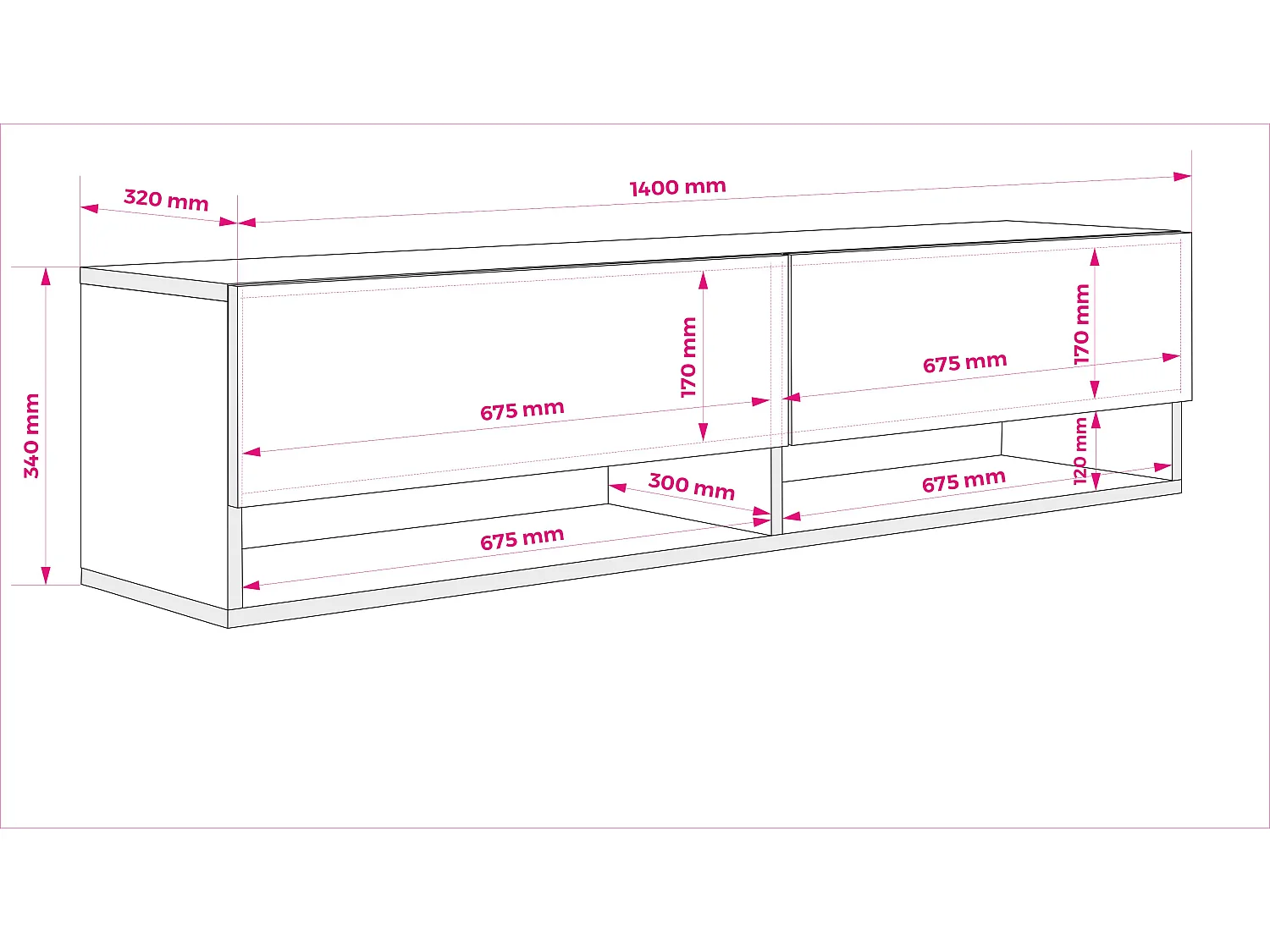 Meuble TV 140 cm Noir Mat, LED blanc, 140 x 32 x 34 cm