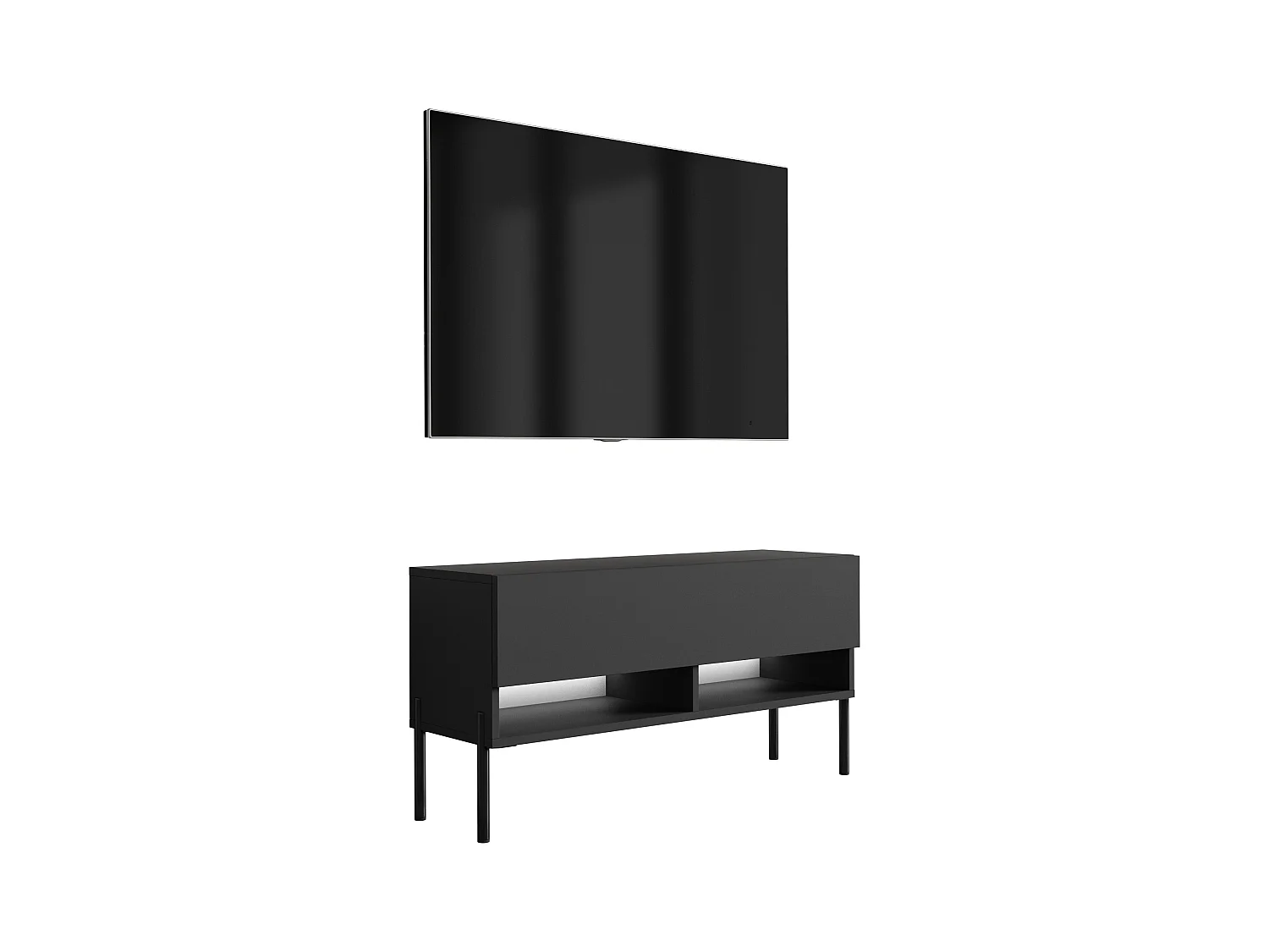 Meuble TV 100 cm Noir Mat, pieds droits noirs, LED blanche, 100 x 32 x 52 cm
