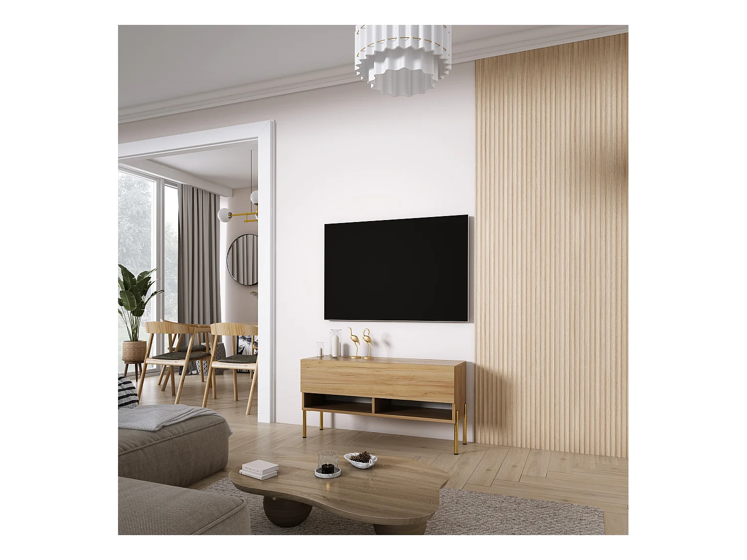 TV-Lowboard 100 cm Eiche Craft, gerade goldene Beine, 100 × 32 × 52 cm