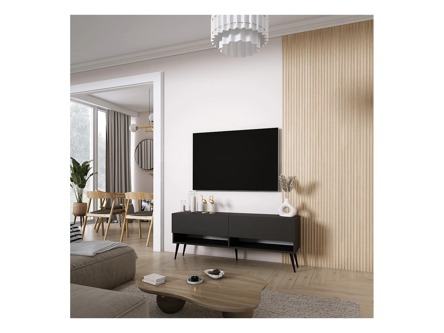 TV-Lowboard 140 cm Mattschwarz, schwarze schräge Beine, 140 × 32 × 52 cm