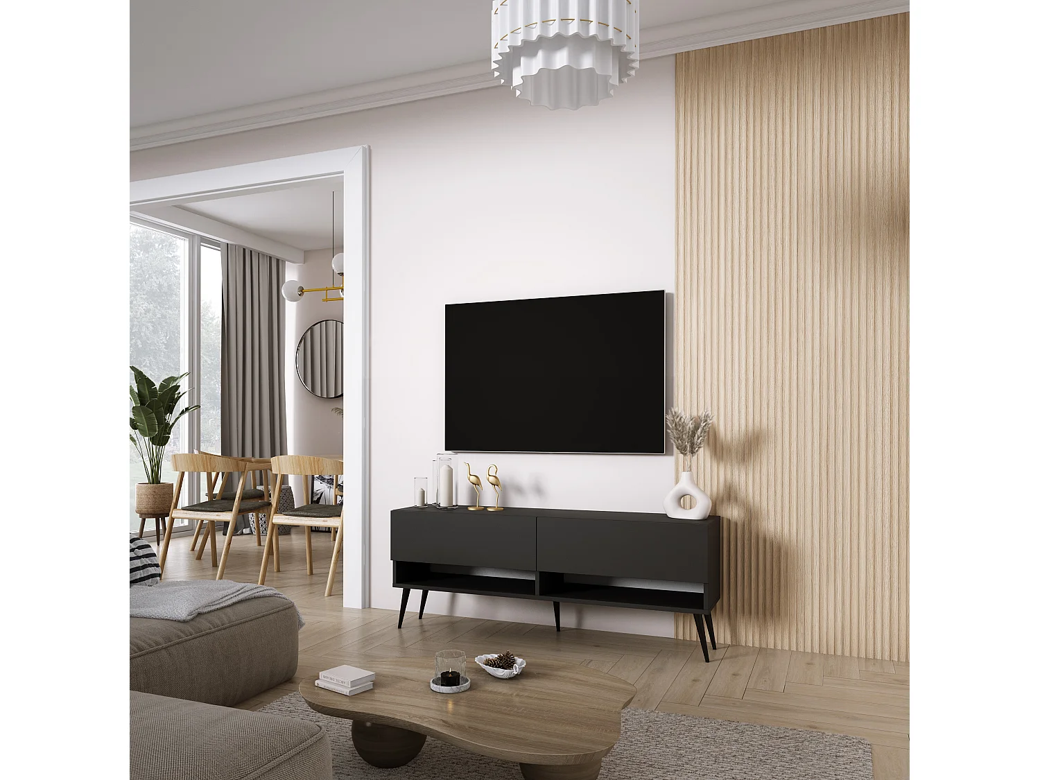 Mobile TV 140 cm Nero opaco, gambe nere inclinate, 140 × 32 × 52 cm