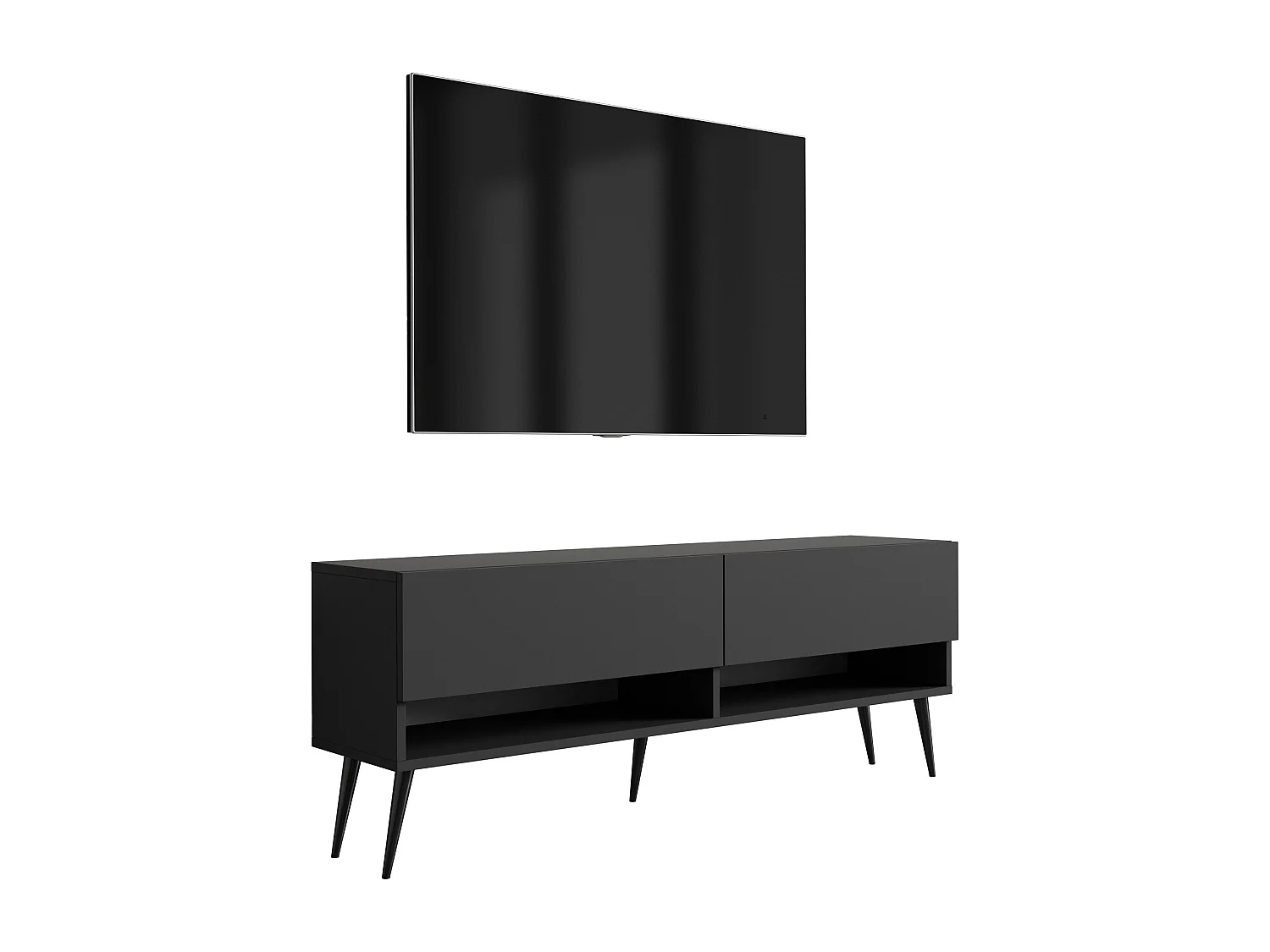 Mobile TV 140 cm Nero opaco, gambe nere inclinate, 140 × 32 × 52 cm