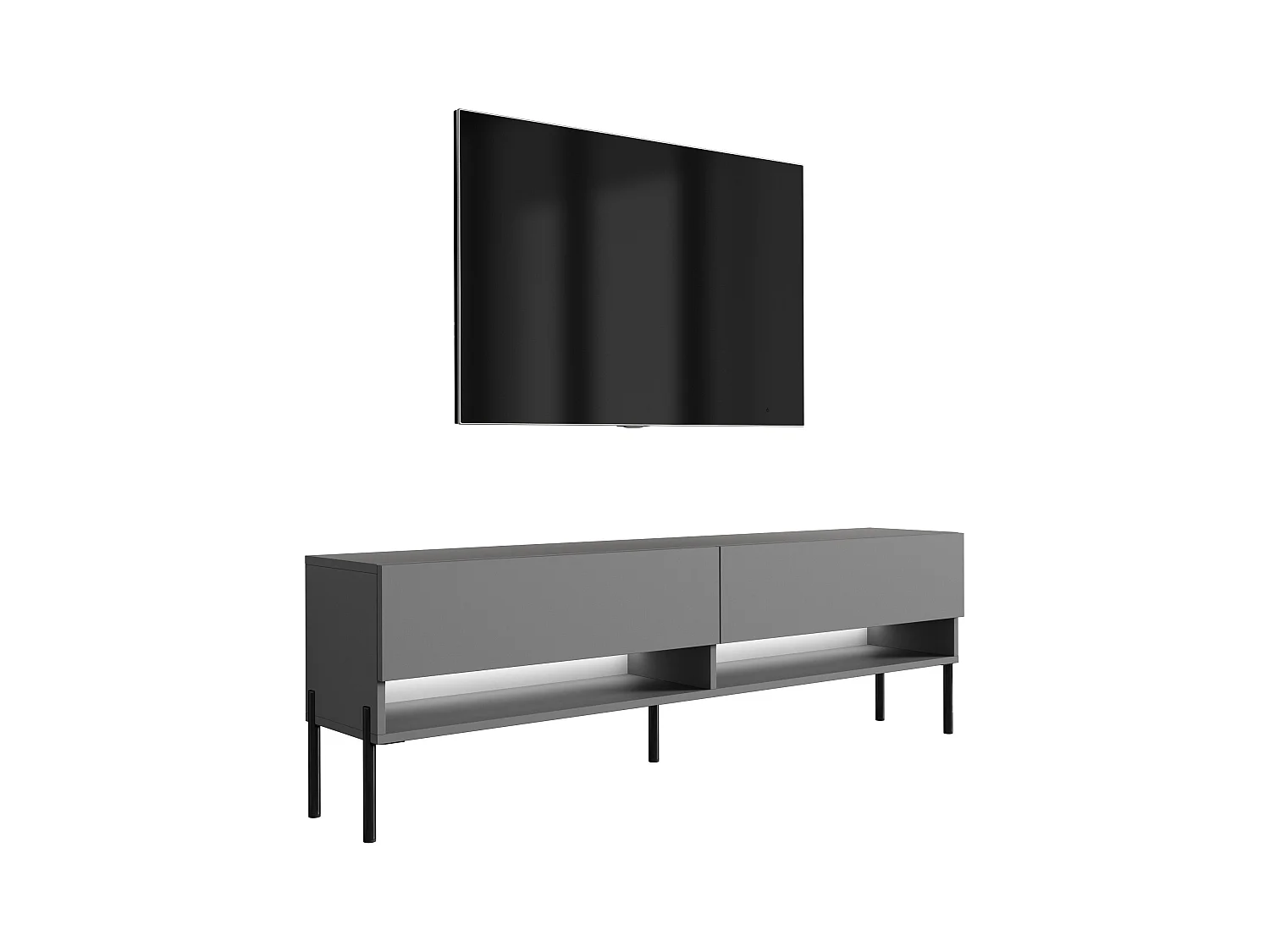 Meuble TV 170 cm Anthracite, pieds droits noirs, LED blanche, 170 x 32 x 52 cm