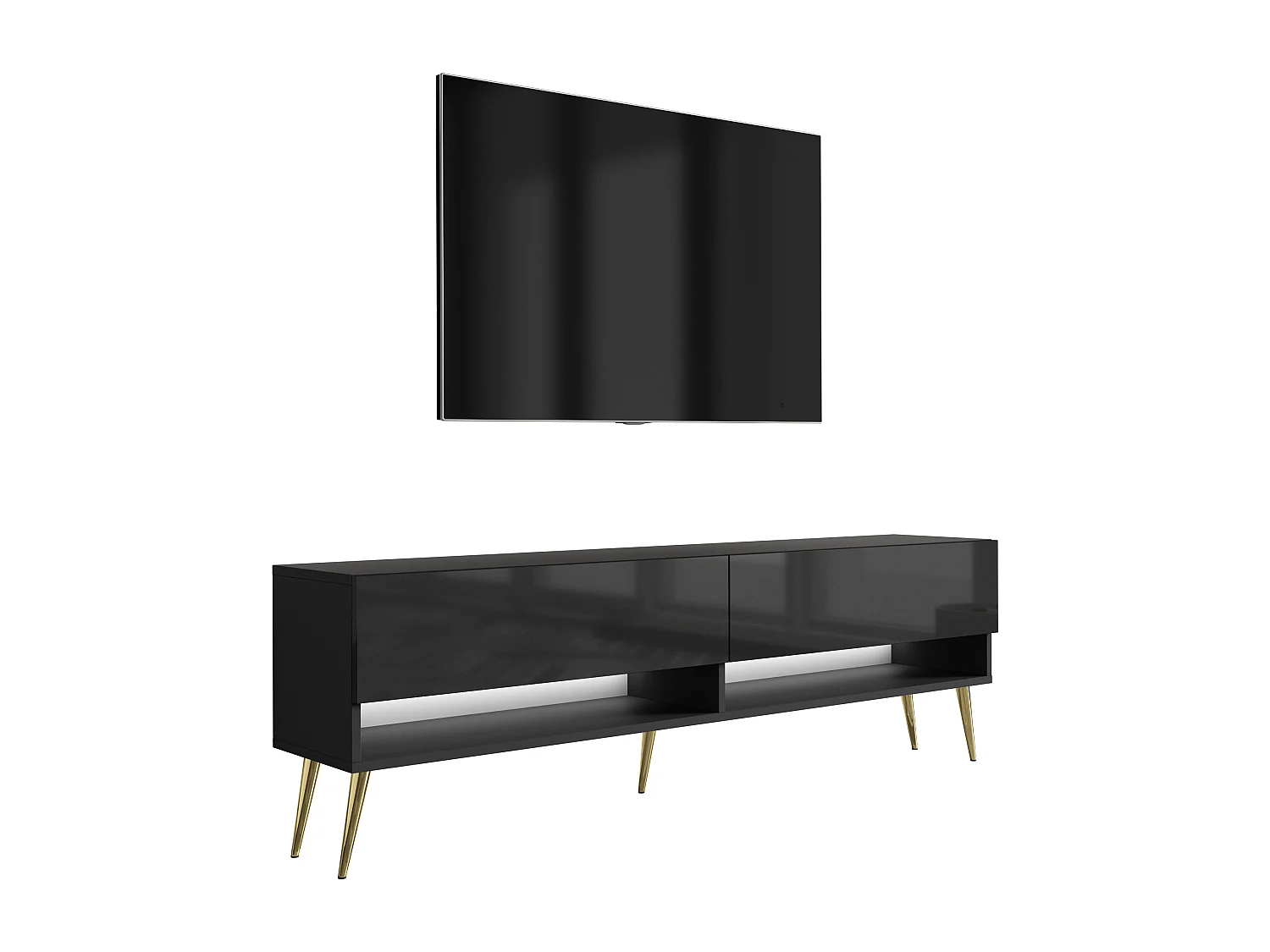 Meuble TV 170 cm Noir Mat / Noir Brillant, pieds obliques dorés, LED blanche, 170 x 32 x 52 cm
