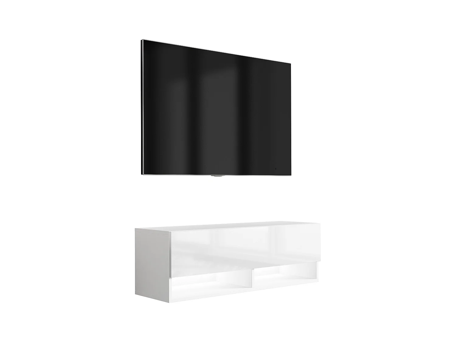 Meuble TV 100 cm Blanc Mat / Blanc Brillant, LED blanc, 100 x 32 x 34 cm