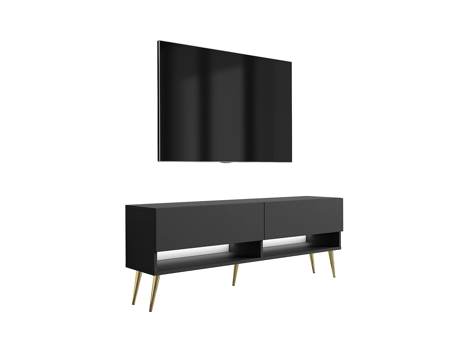 Meuble TV 140 cm Noir Mat, pieds obliques dorés, LED blanche, 140 x 32 x 52 cm