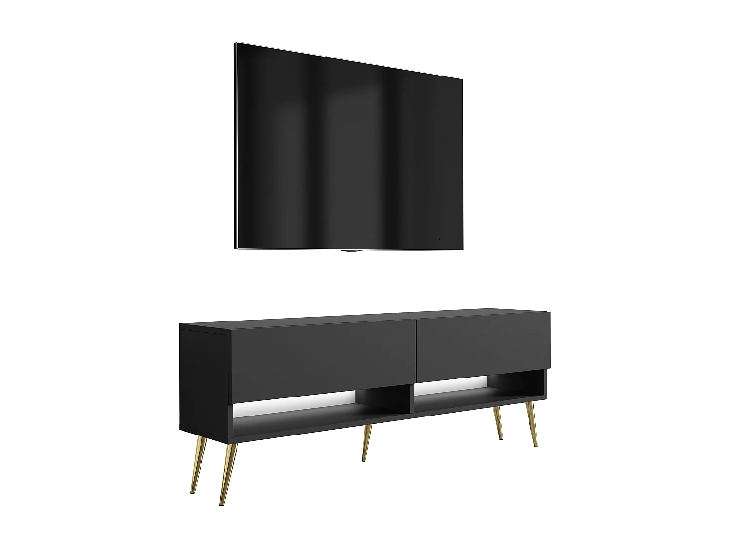 Meuble TV 140 cm Noir Mat, pieds obliques dorés, LED blanche, 140 x 32 x 52 cm
