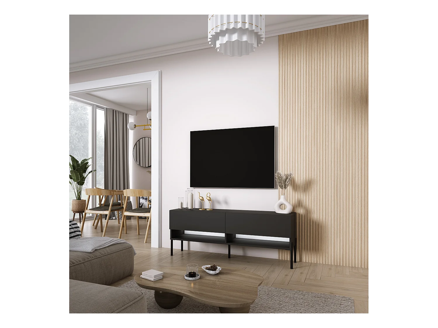 Meuble TV 140 cm Noir Mat, pieds droits noirs, LED blanche, 140 x 32 x 52 cm