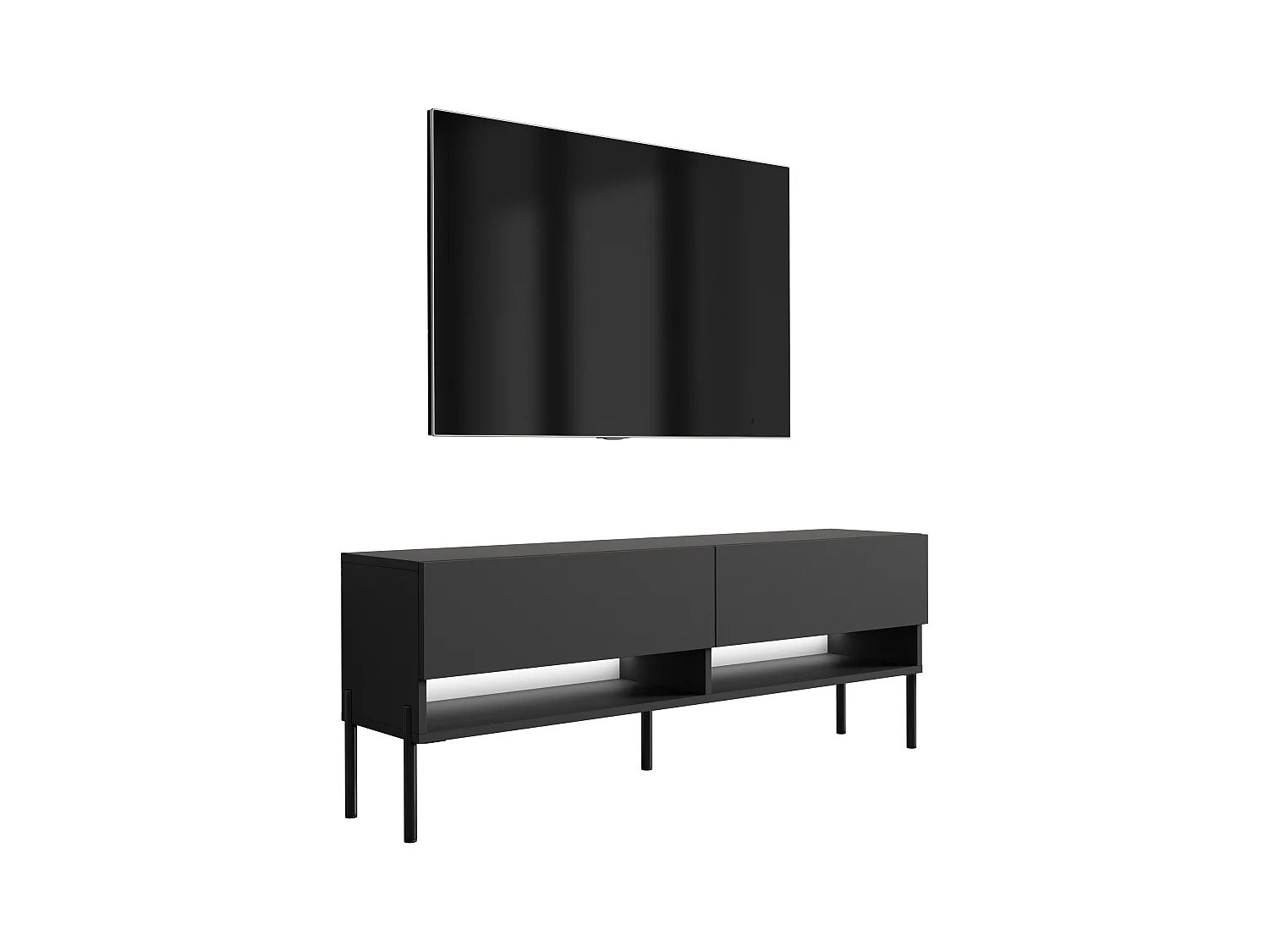 Meuble TV 140 cm Noir Mat, pieds droits noirs, LED blanche, 140 x 32 x 52 cm