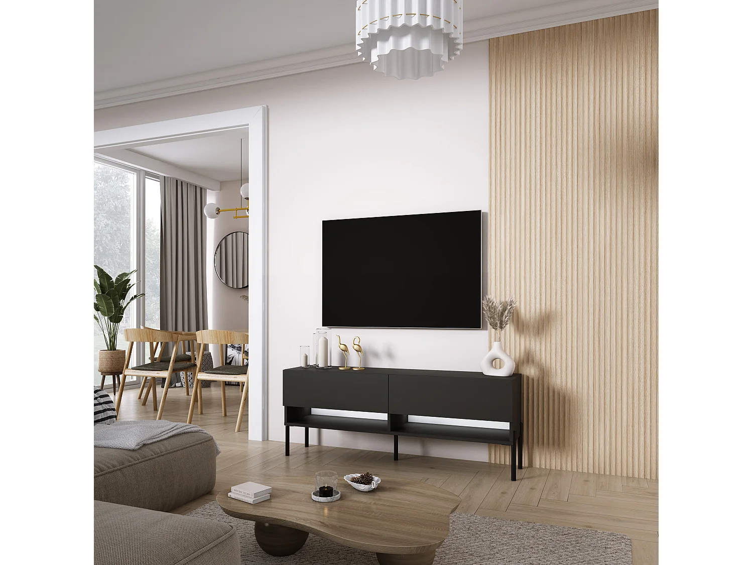 Meuble TV 140 cm Noir Mat, pieds droits noirs, LED blanche, 140 x 32 x 52 cm