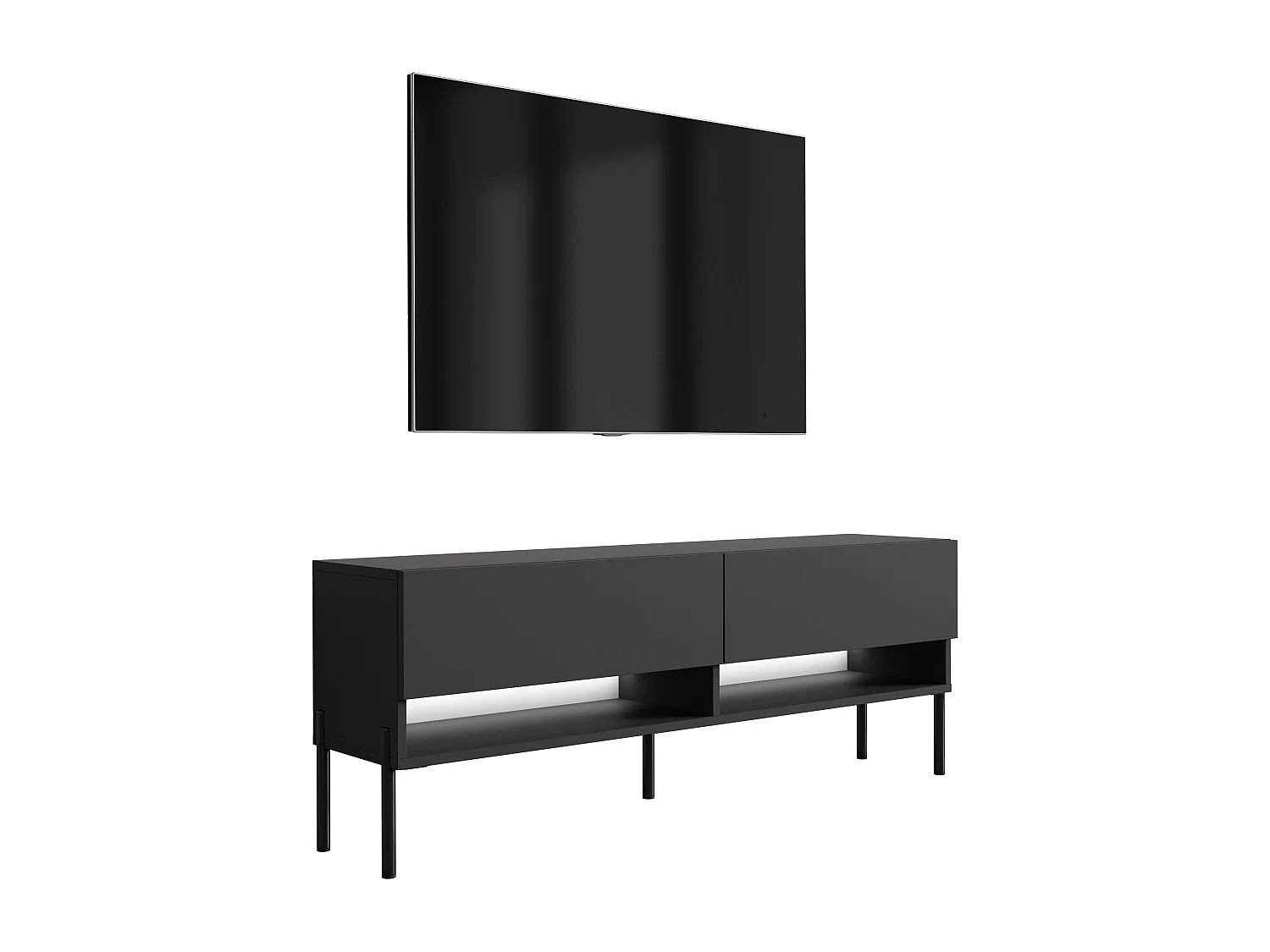 Meuble TV 140 cm Noir Mat, pieds droits noirs, LED blanche, 140 x 32 x 52 cm