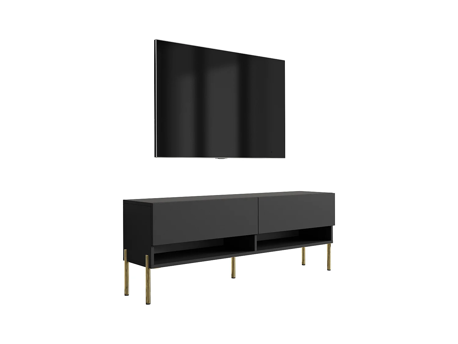Meuble TV 140 cm Noir Mat, pieds droits dorés, 140 x 32 x 52 cm