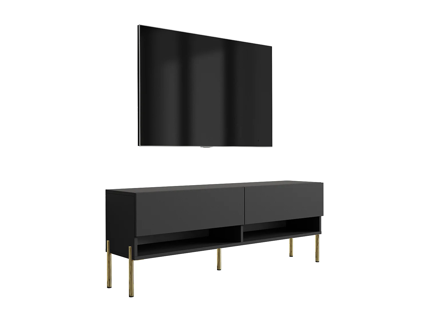 Meuble TV 140 cm Noir Mat, pieds droits dorés, 140 x 32 x 52 cm