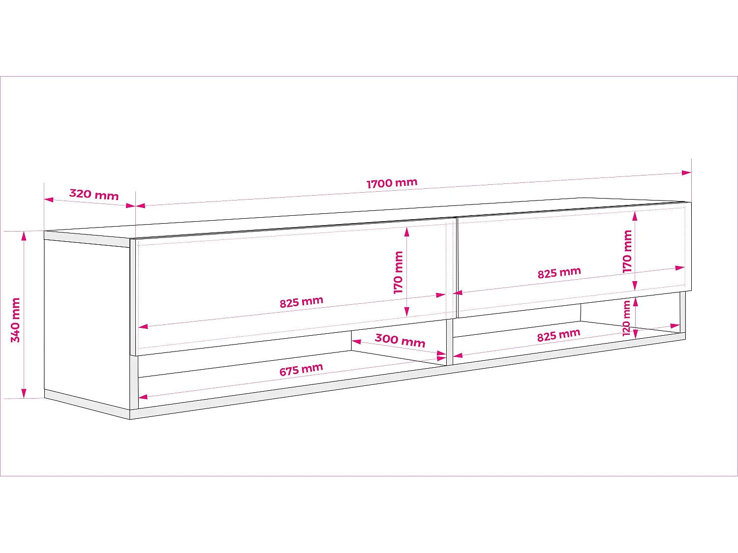 TV-skab: Matsort, hvid LED, 170 × 32 × 34 cm