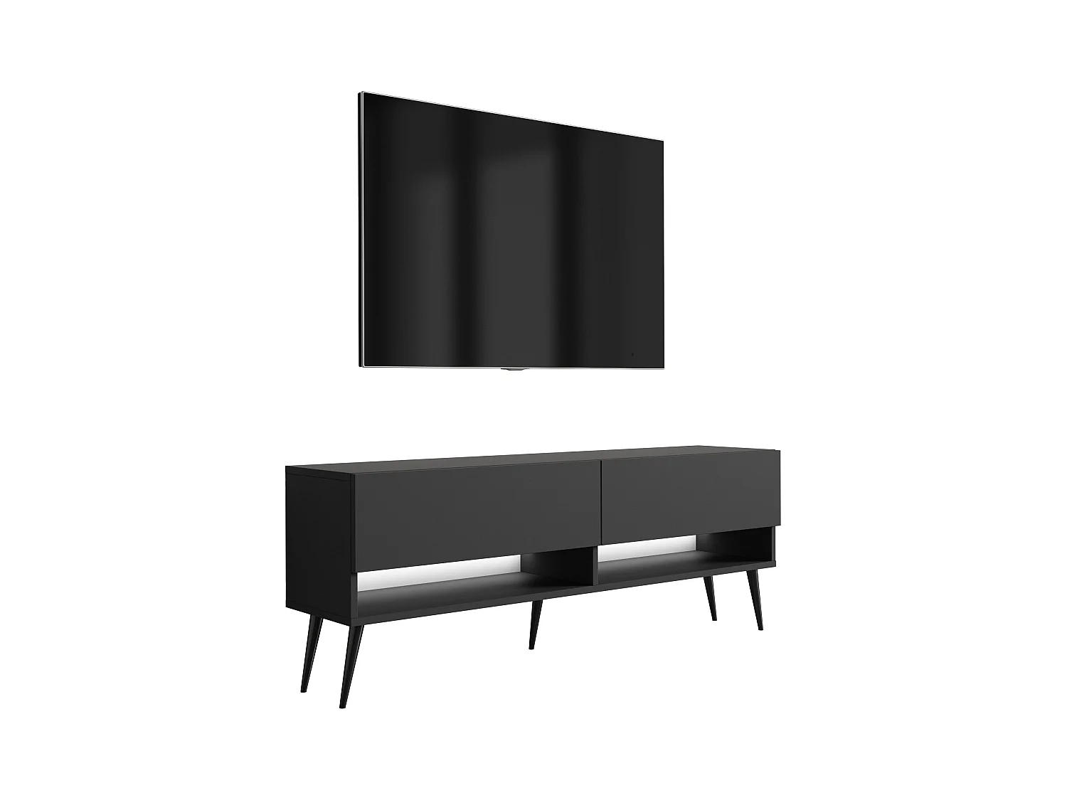 Meuble TV 140 cm Noir Mat, pieds obliques noirs, LED blanche, 140 x 32 x 52 cm
