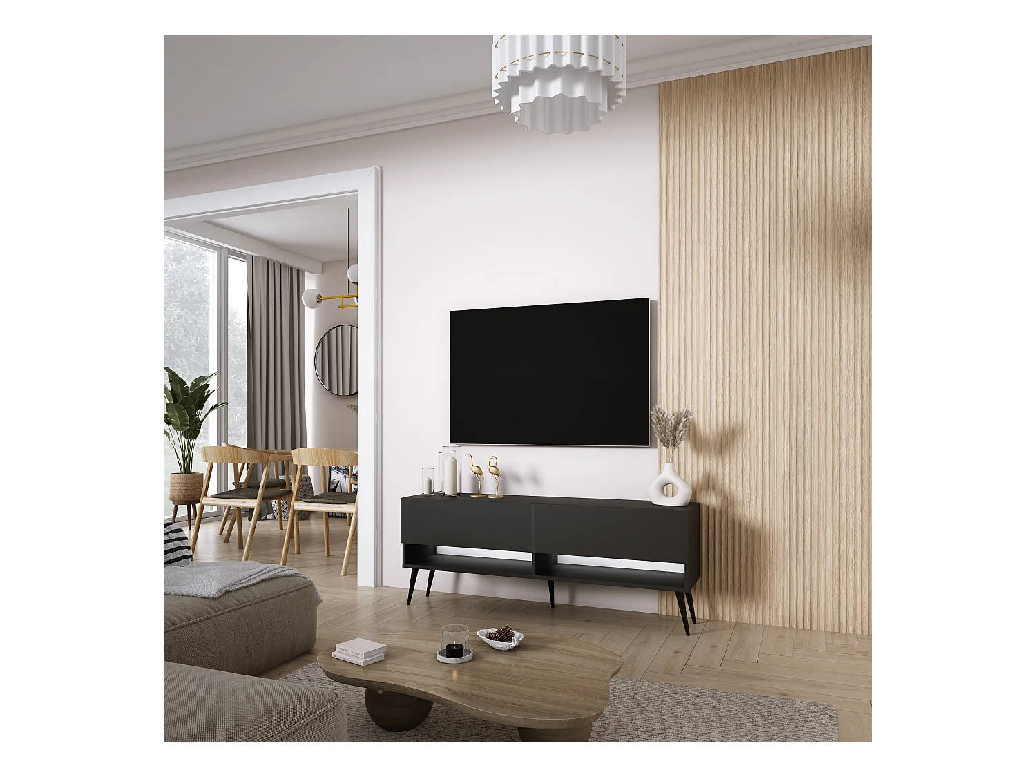 TV-Lowboard 140 cm Mattschwarz, schwarze schräge Beine, weiße LED, 140 × 32 × 52 cm