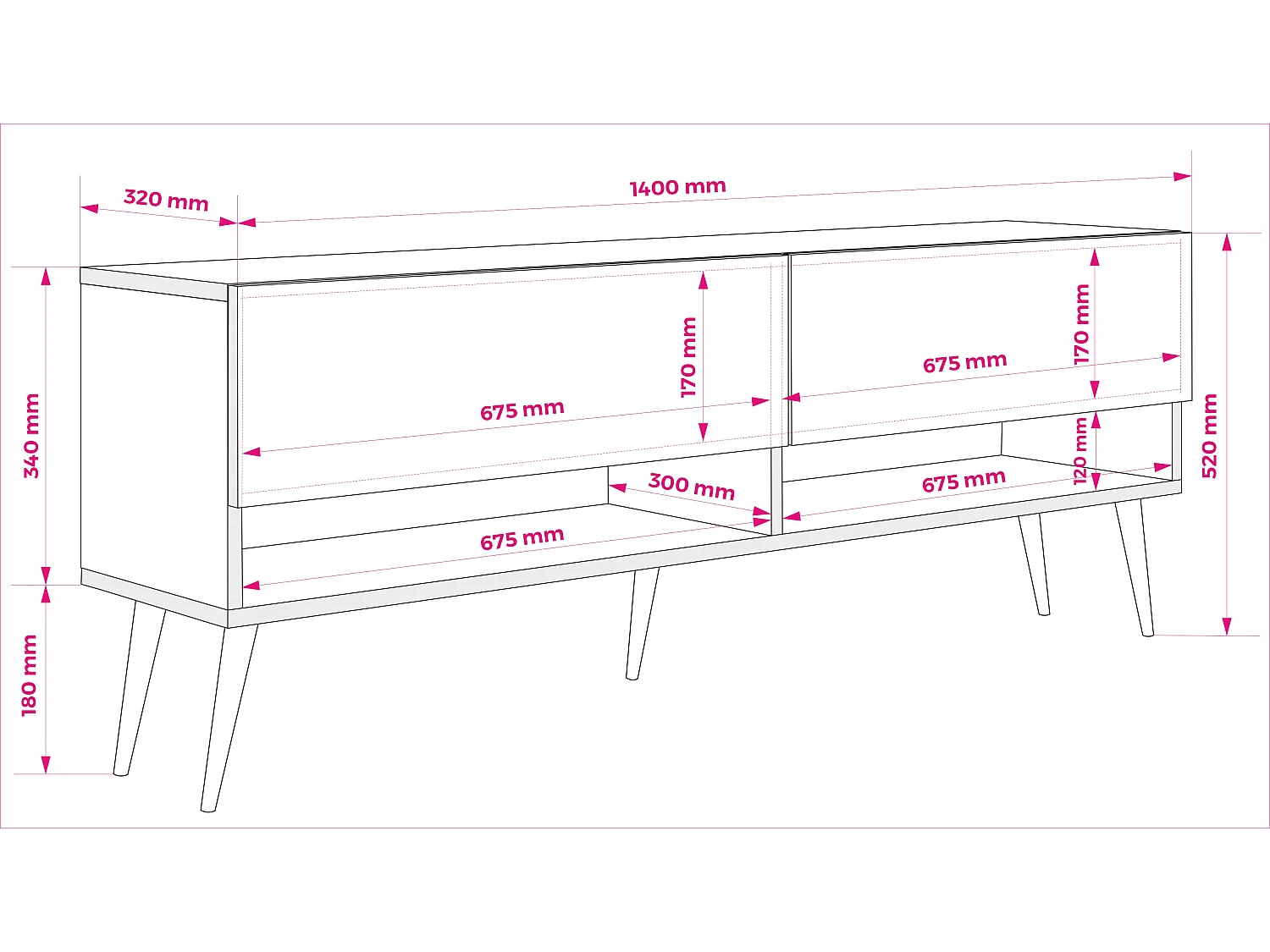 Meuble TV 140 cm Noir Mat, pieds obliques noirs, LED blanche, 140 x 32 x 52 cm