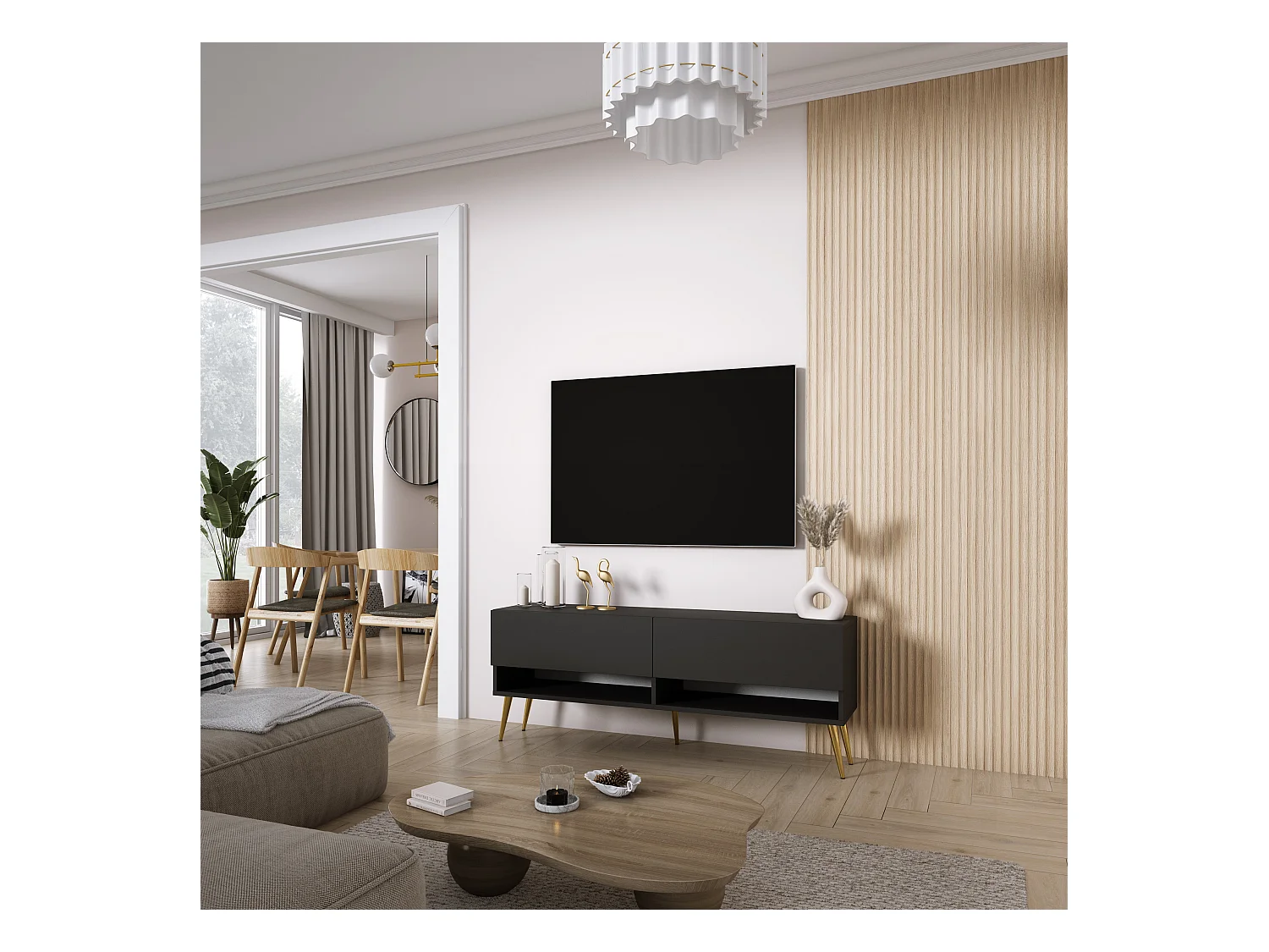 TV-Lowboard 140 cm Mattschwarz, goldene schräge Beine, 140 × 32 × 52 cm