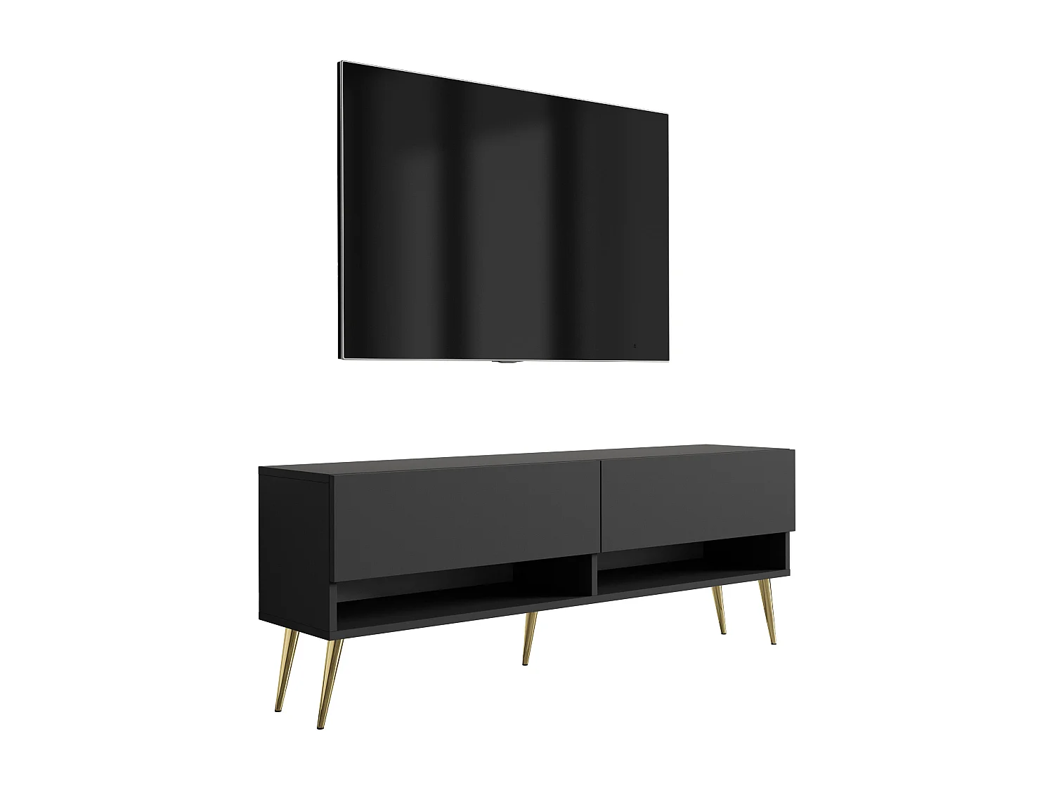 Meuble TV 140 cm Noir Mat, pieds obliques dorés, 140 x 32 x 52 cm