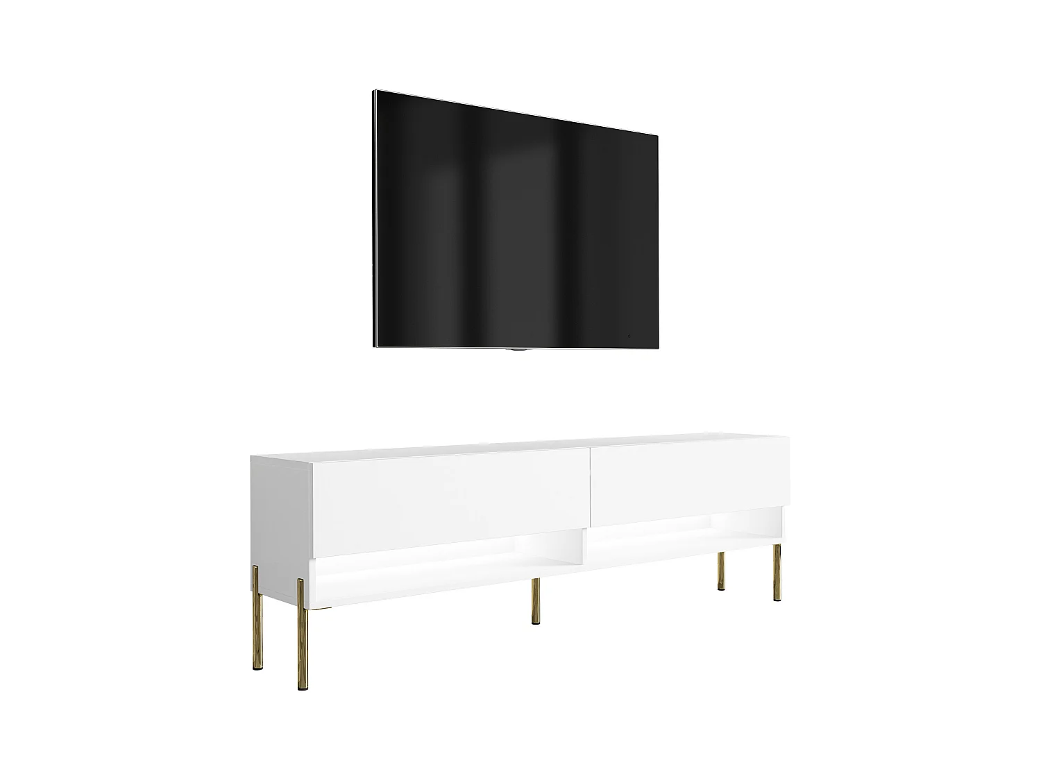 Meuble TV 170 cm Blanc Mat, pieds droits dorés, LED blanche, 170 x 32 x 52 cm