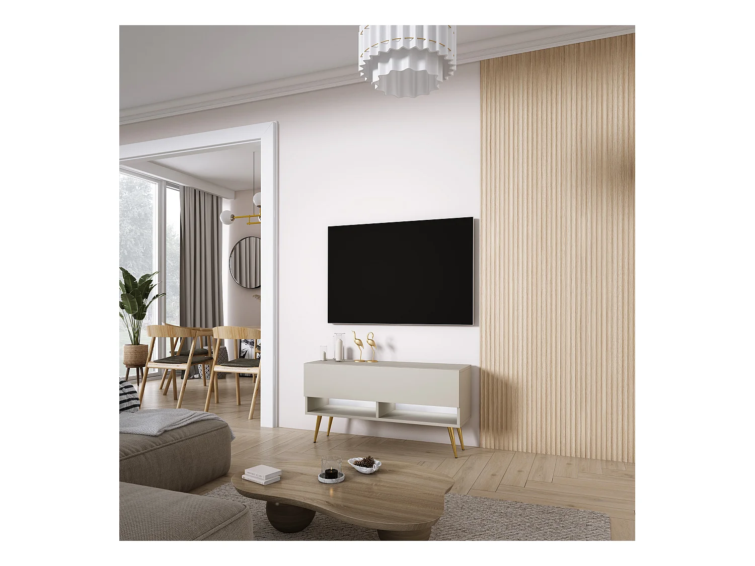 Meuble TV 100 cm Cachemire, pieds obliques dorés, LED blanche, 100 x 32 x 52 cm