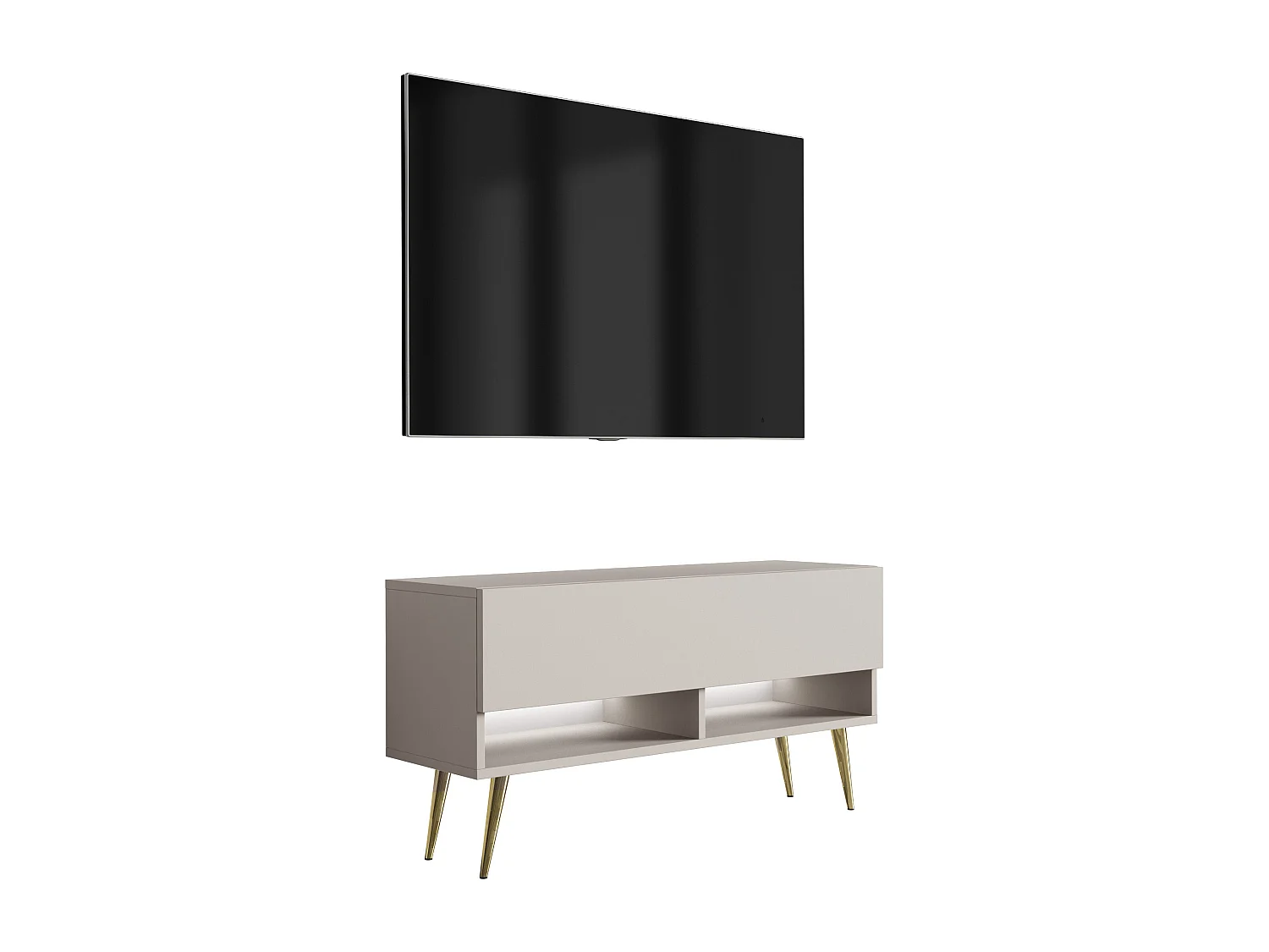 Meuble TV 100 cm Cachemire, pieds obliques dorés, LED blanche, 100 x 32 x 52 cm