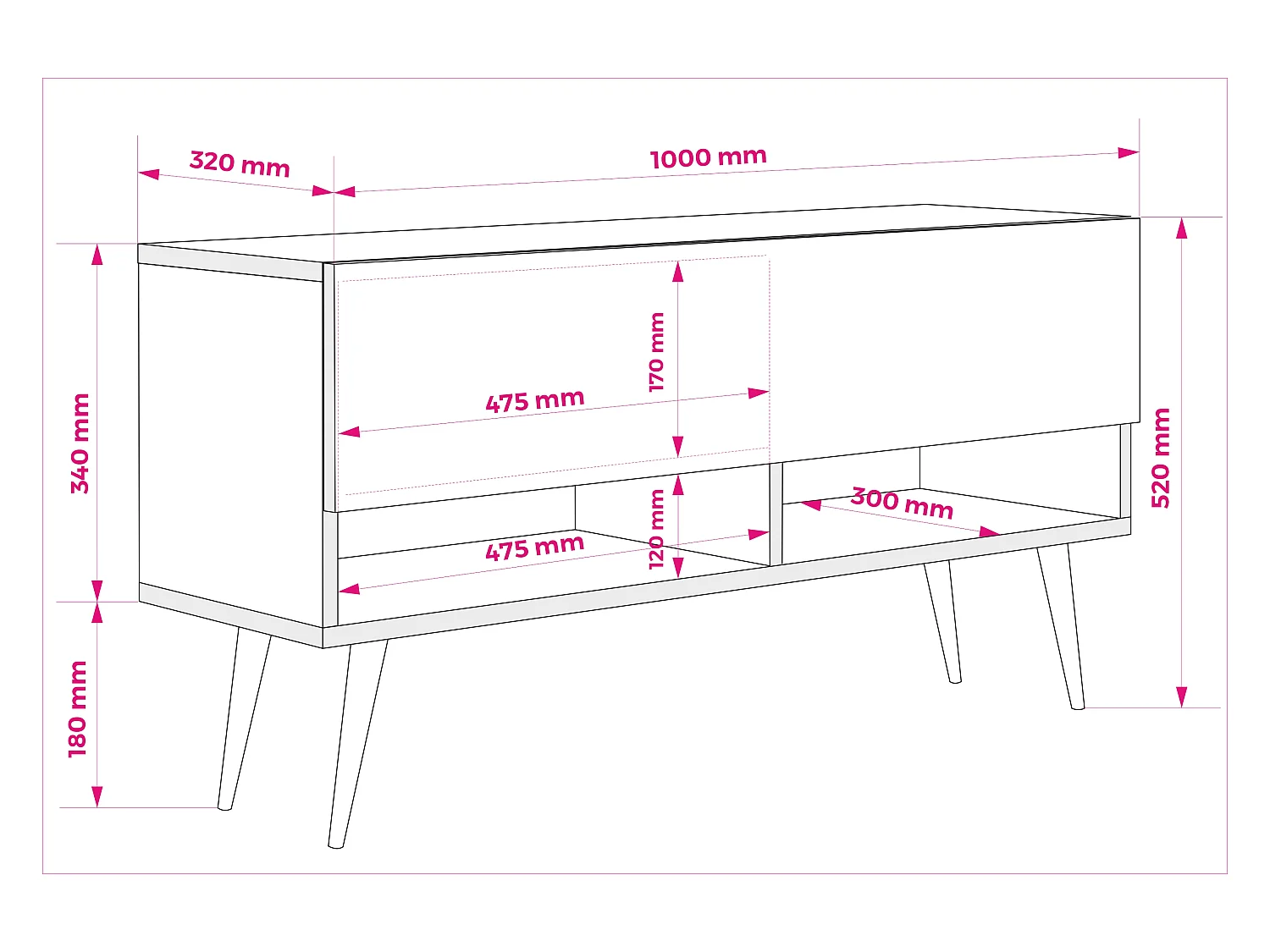 Meuble TV 140 cm Cachemire, pieds droits noirs, LED blanche, 140 x 32 x 52 cm