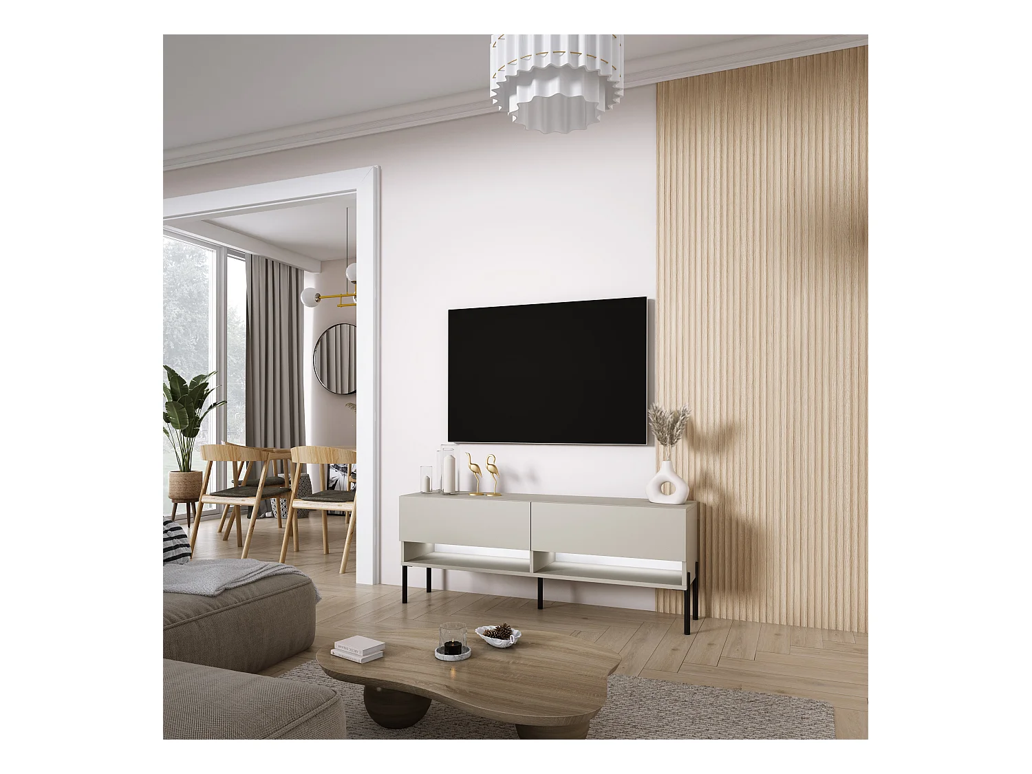 TV-Lowboard 140 cm Kaschmir, gerade schwarze Beine, weiße LED, 140 × 32 × 52 cm