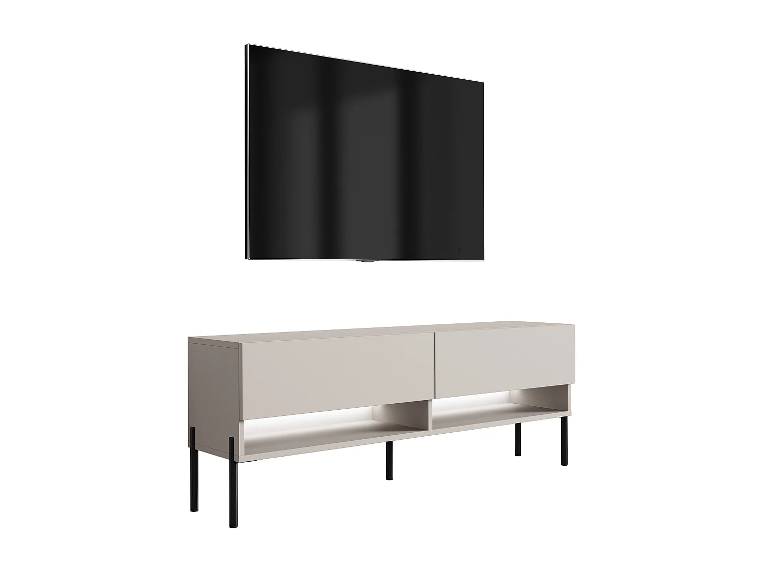 Meuble TV 140 cm Cachemire, pieds droits noirs, LED blanche, 140 x 32 x 52 cm