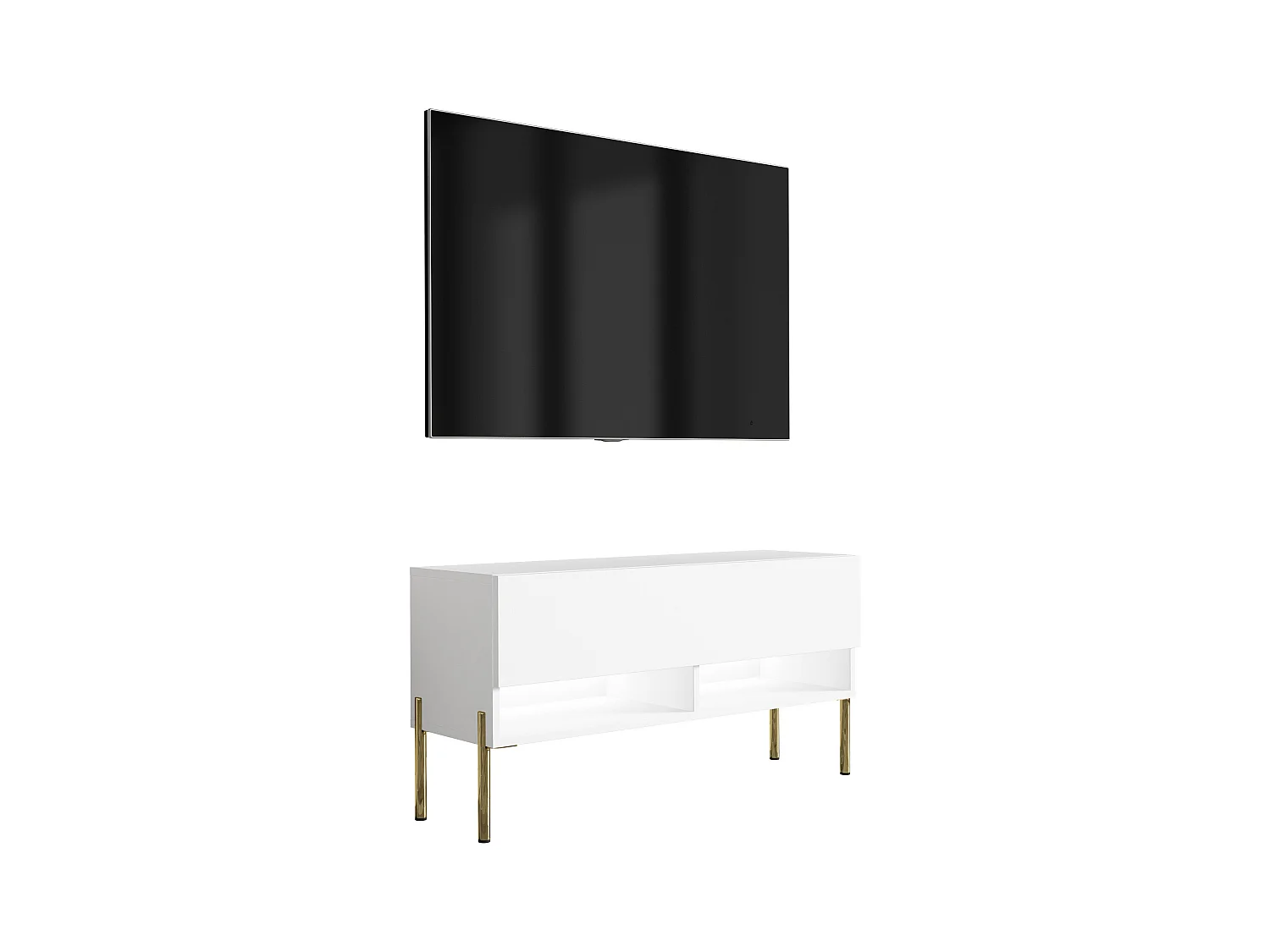 Meuble TV 100 cm Blanc Mat, pieds droits dorés, LED blanche, 100 x 32 x 52 cm