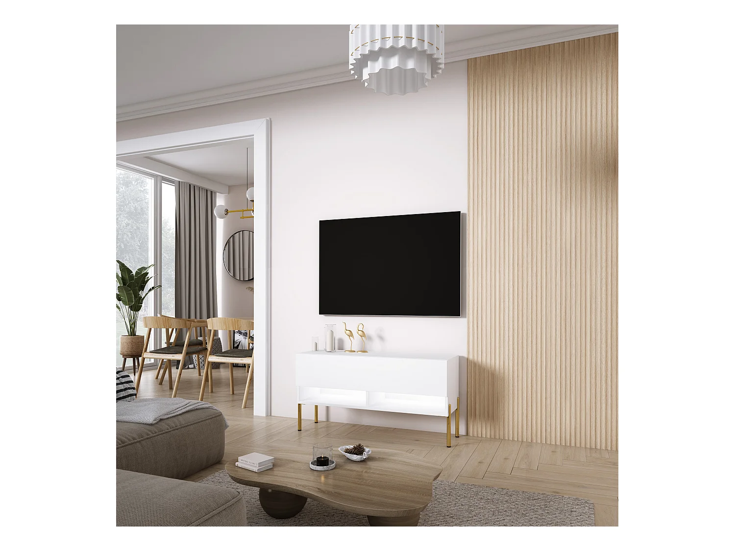 TV-Lowboard 100 cm Mattweiß, gerade goldene Beine, weiße LED, 100 × 32 × 52 cm