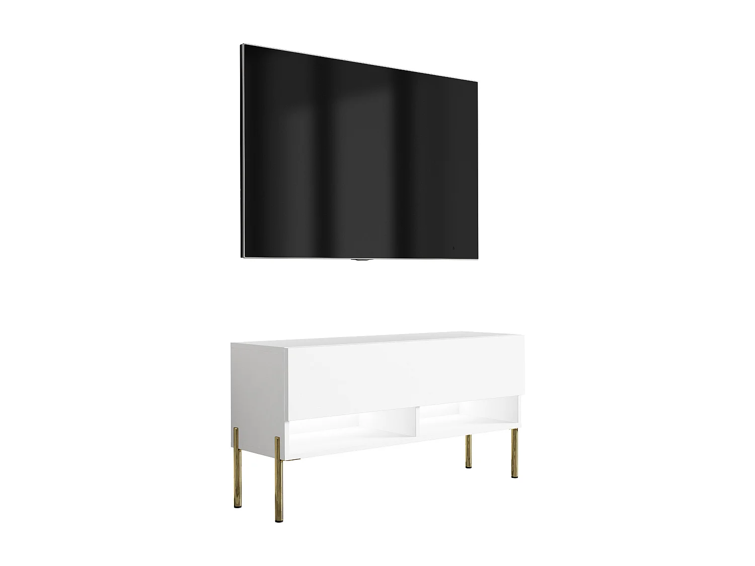 Meuble TV 100 cm Blanc Mat, pieds droits dorés, LED blanche, 100 x 32 x 52 cm