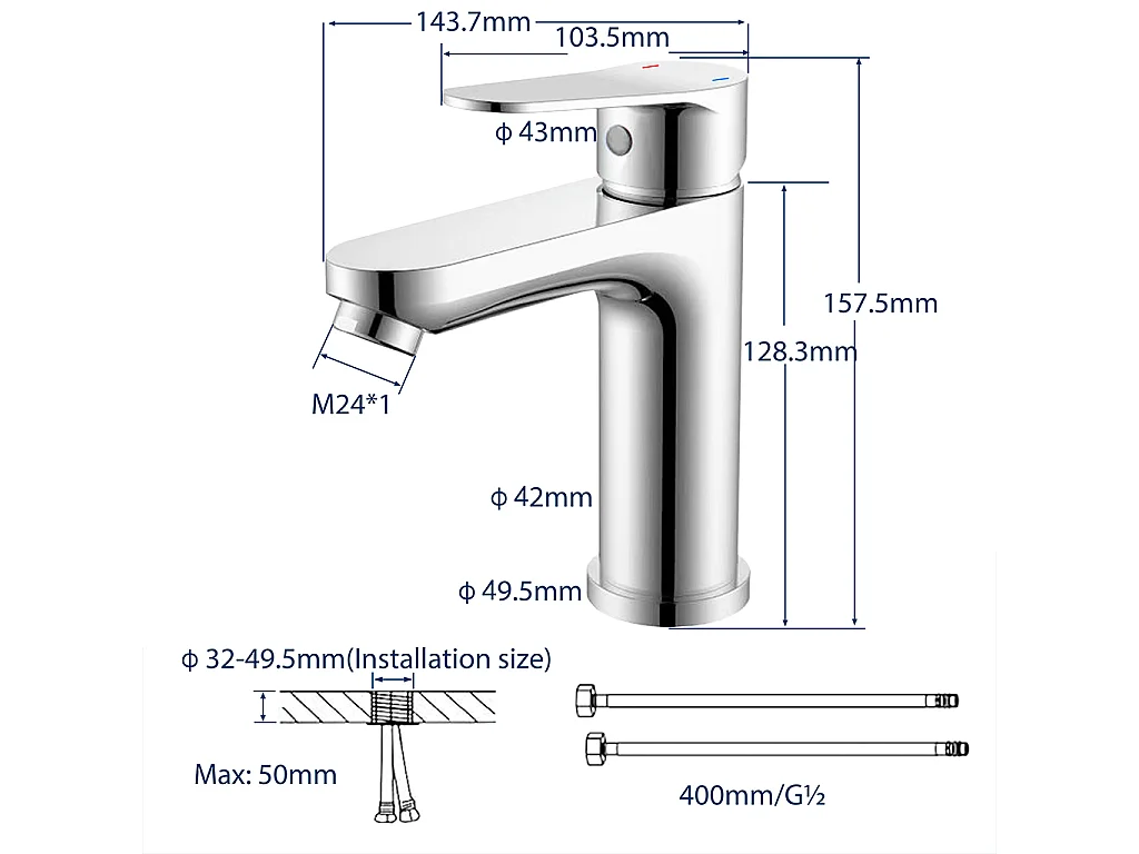 AICA ITALY Miscelatore per lavabo da bagno con flessibili acqua calda e fredda attaco G1/2" da 40cm, cromato